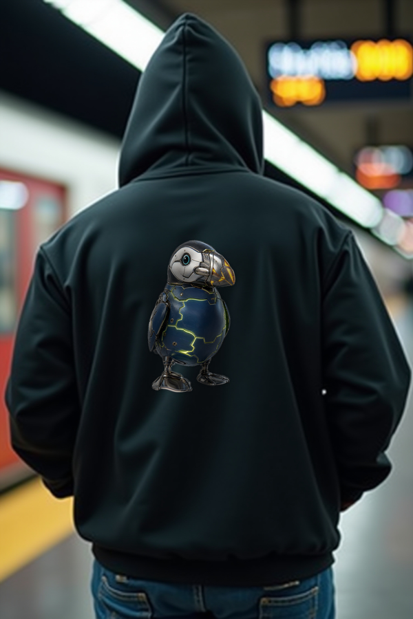 Cyber Puffin Hoodie — black mannequin back