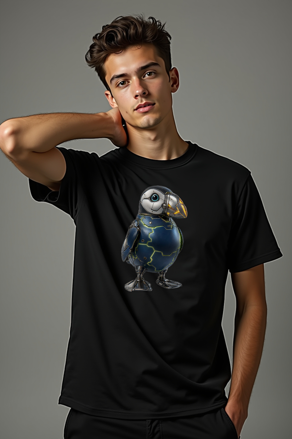 Cyber Puffin T-Shirt — black mannequin front