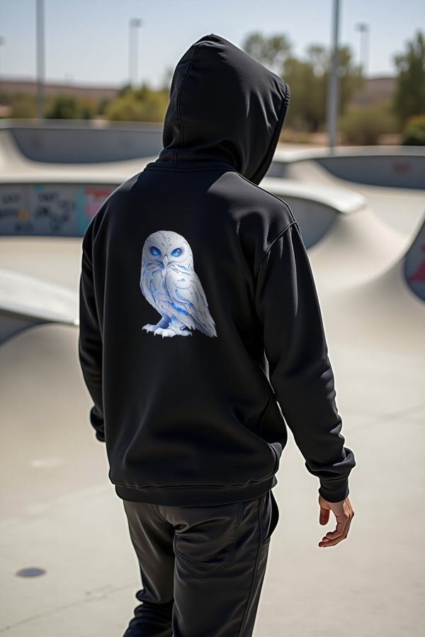 Frost Owl Hoodie — black mannequin back