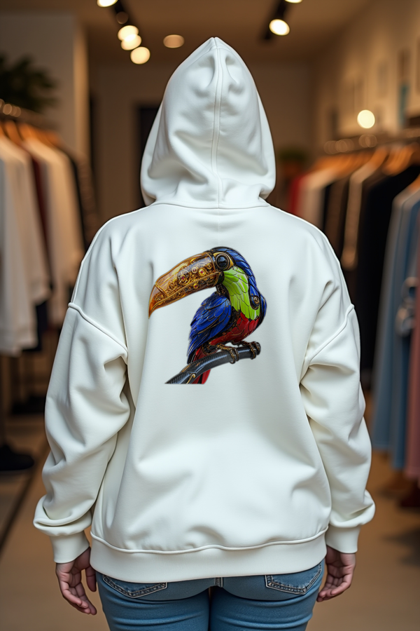 Gilded Toucan Hoodie — white mannequin back view
