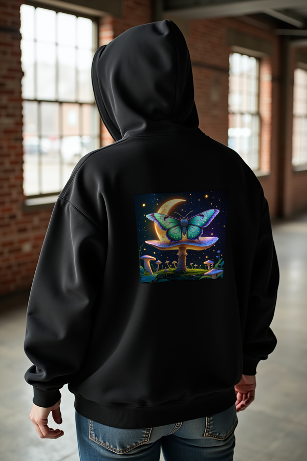 Moth and Moon Mushroom Hoodie black mannequin back view