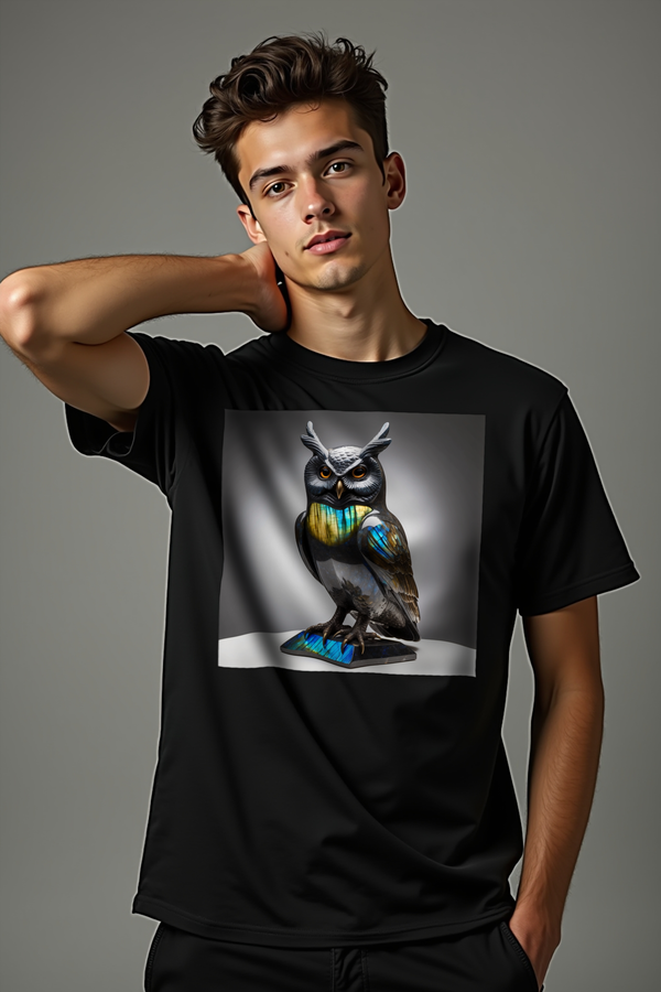Labradorite Owl tee black front studio
