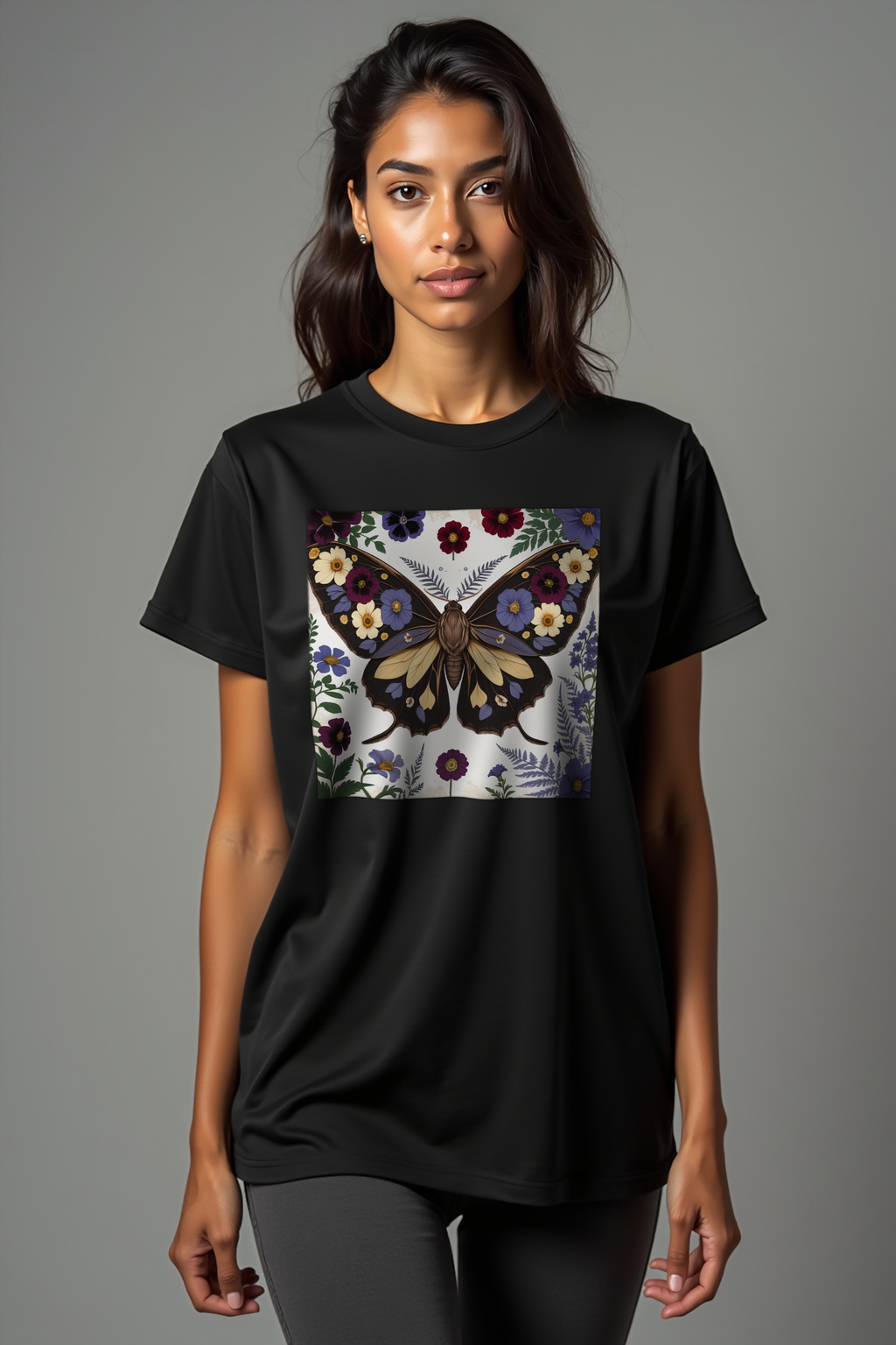 Moth Botanica t-shirt black front action