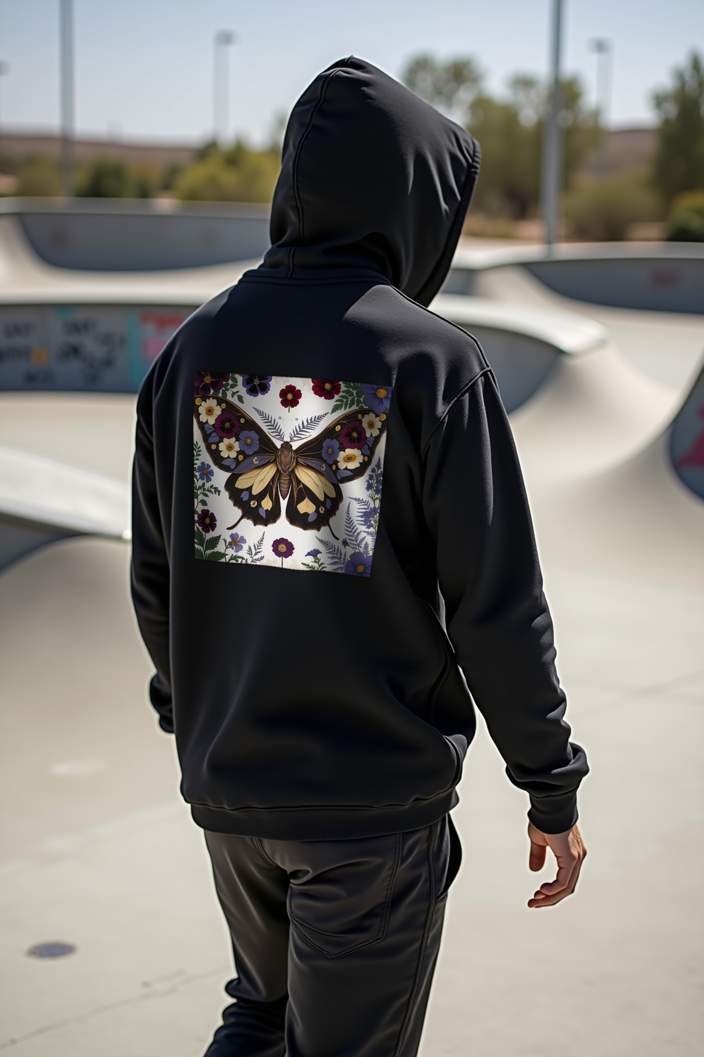 Moth Botanica hoodie black back walking