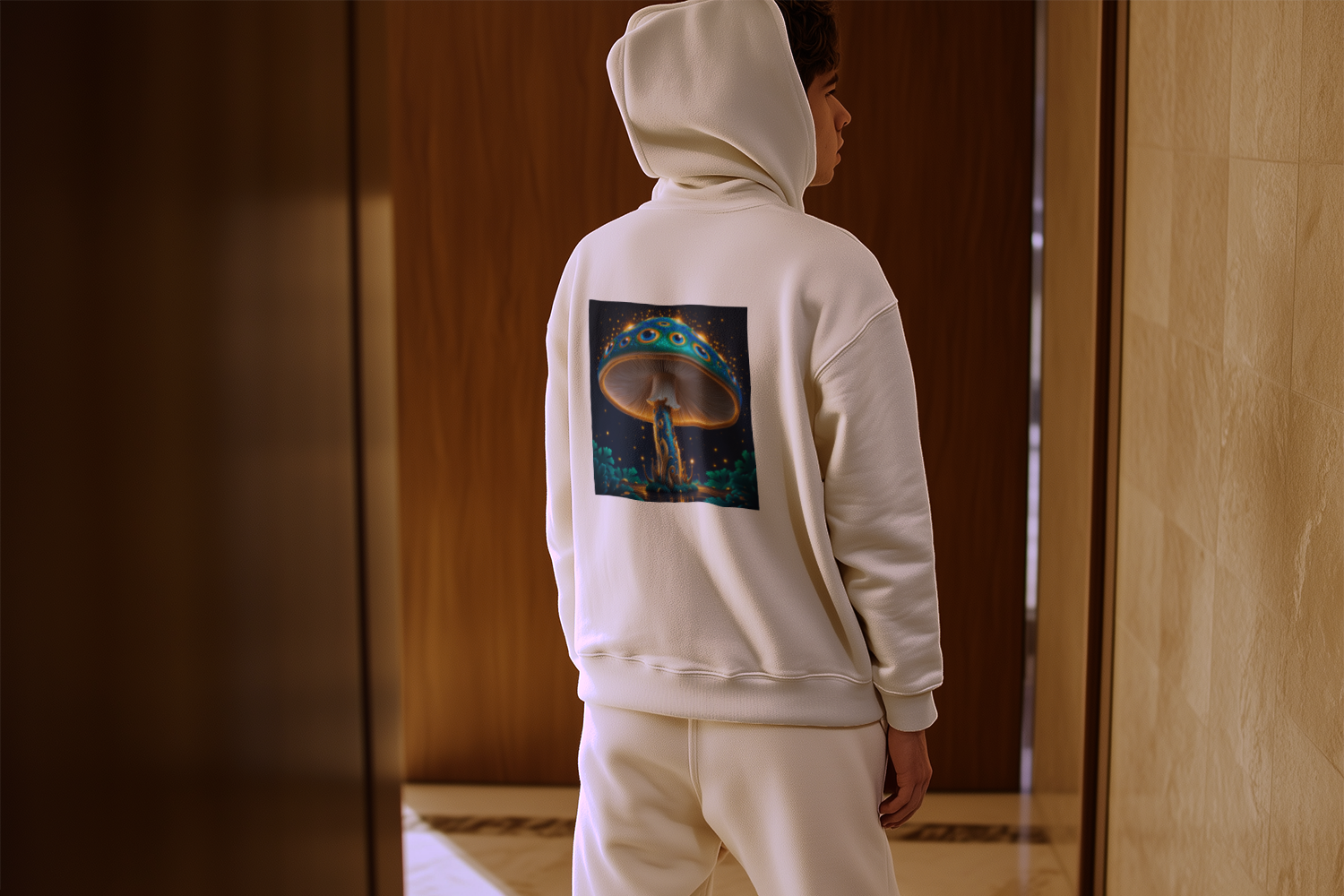 Peacock Fungus Display hoodie back lifestyle