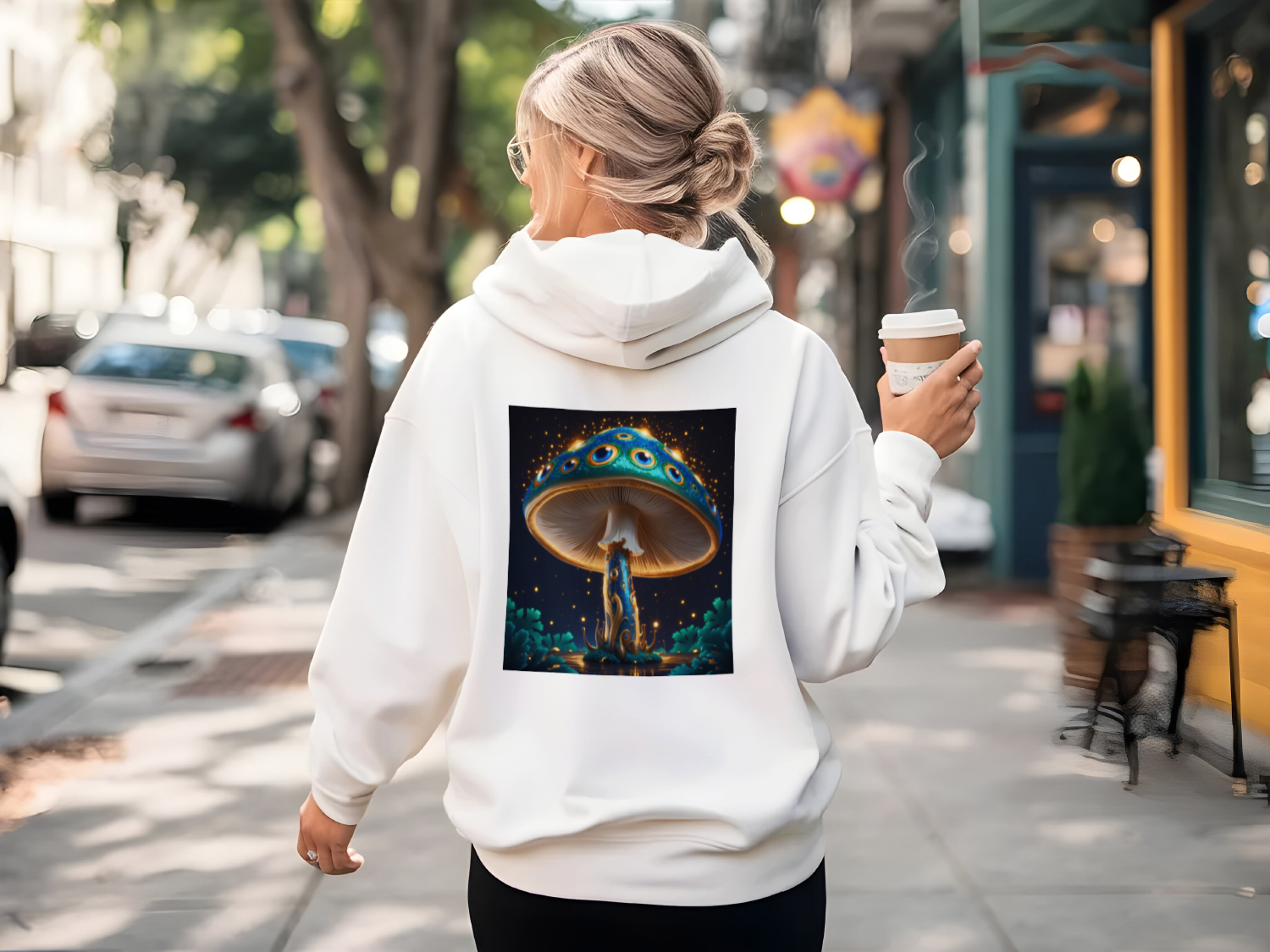 Peacock Fungus Display Hoodie back - Dynamic Mockups mannequin 1