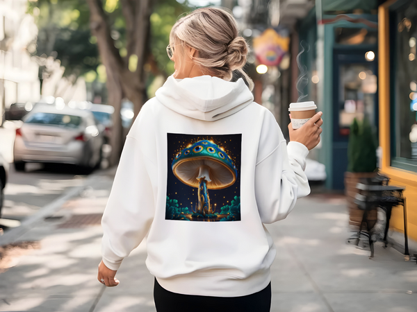 Peacock Fungus Display Hoodie back - Dynamic Mockups mannequin 1