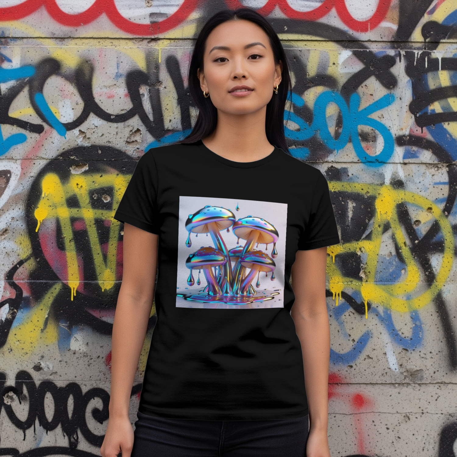 Liquid Chrome Shiitake T-Shirt black mannequin view