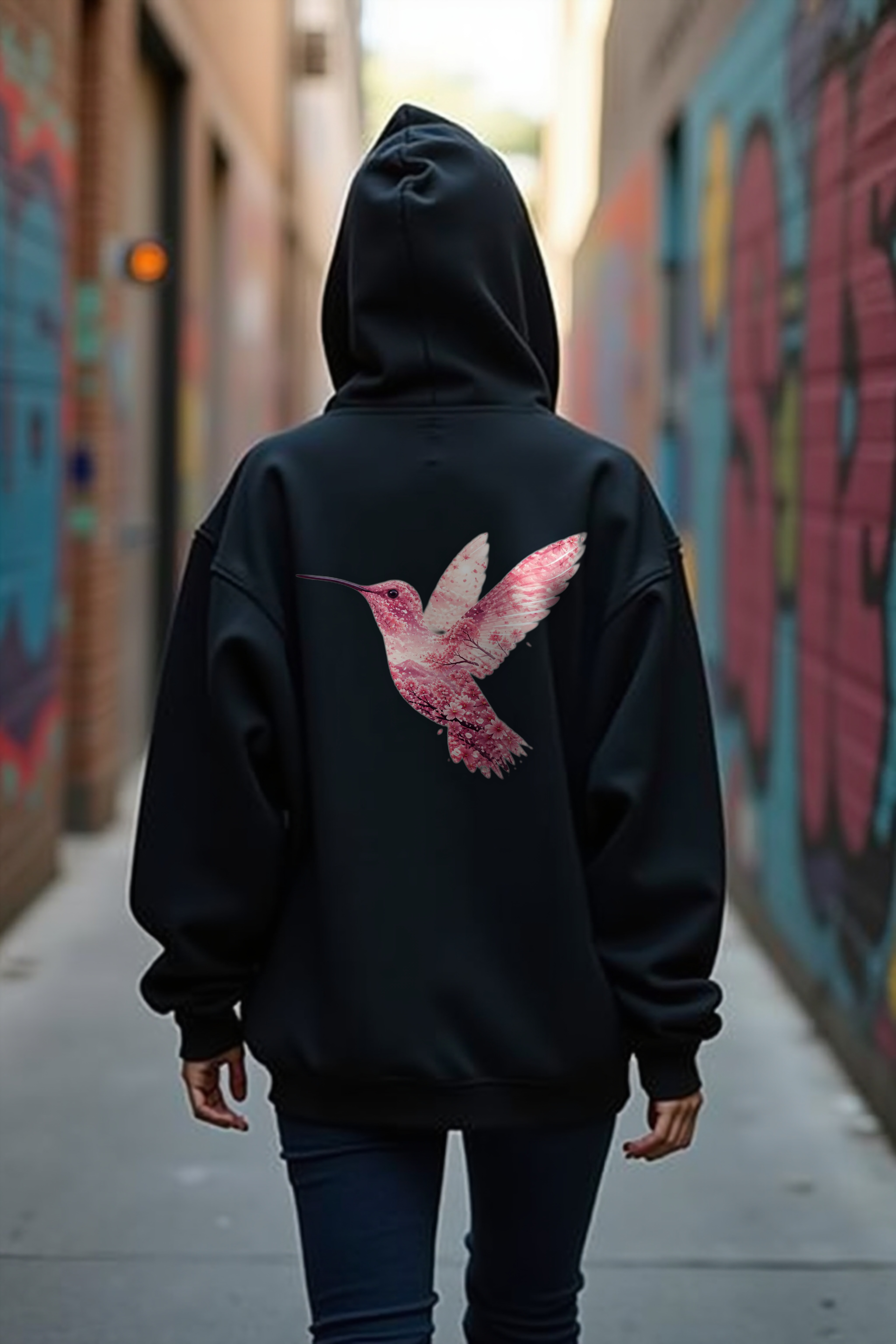 Sakura Hummingbird hoodie back black mannequin (v2 — diversity refresh)