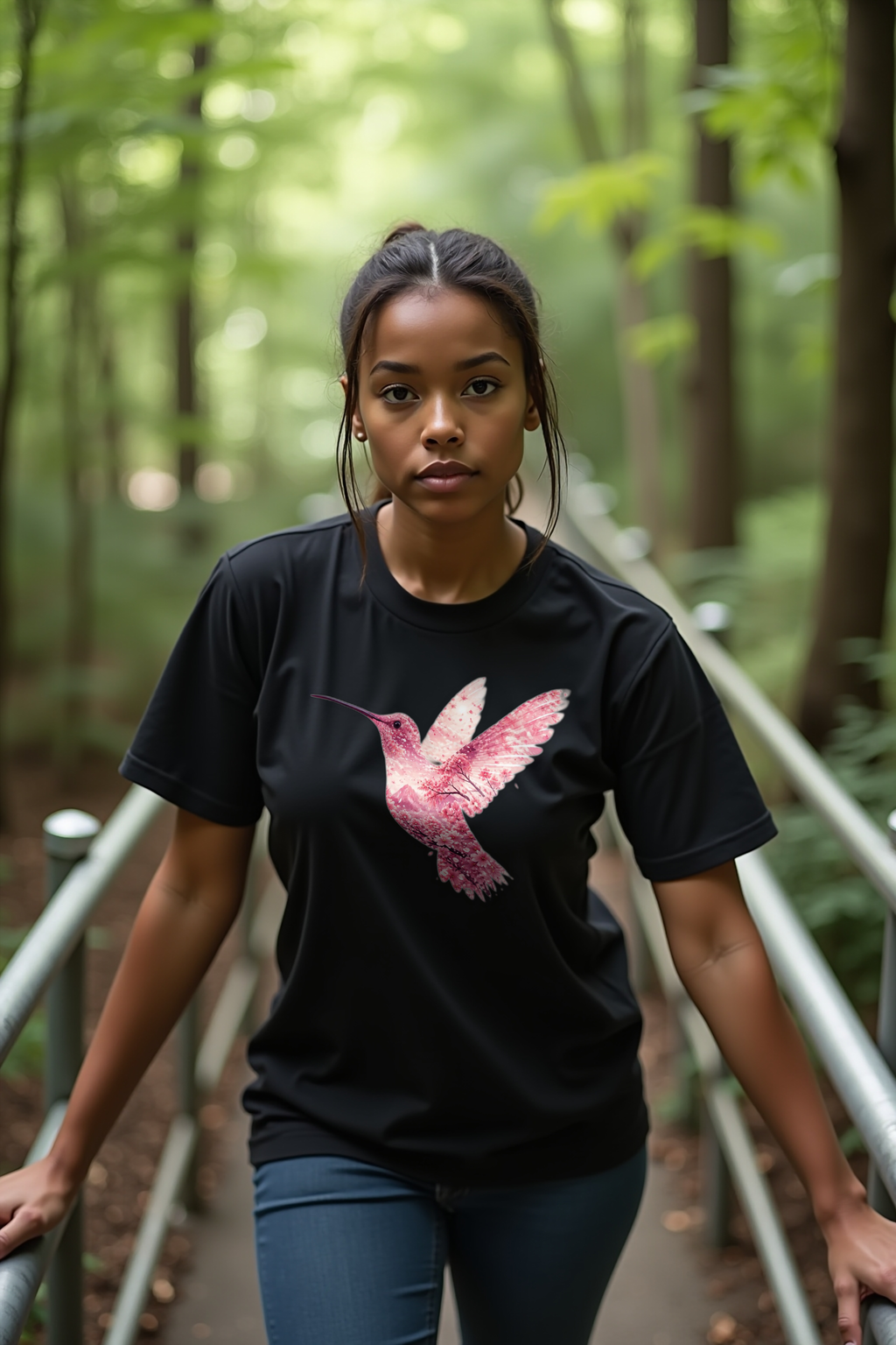 Sakura Hummingbird tshirt front black mannequin (v2 — diversity refresh)