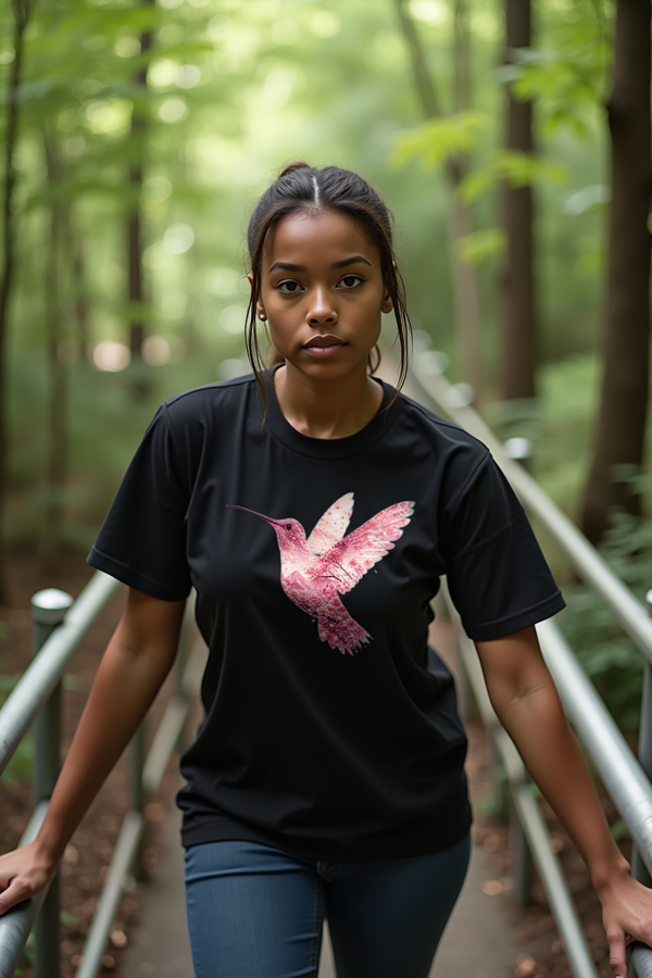 Sakura Hummingbird tshirt front black mannequin (v2 — diversity refresh)