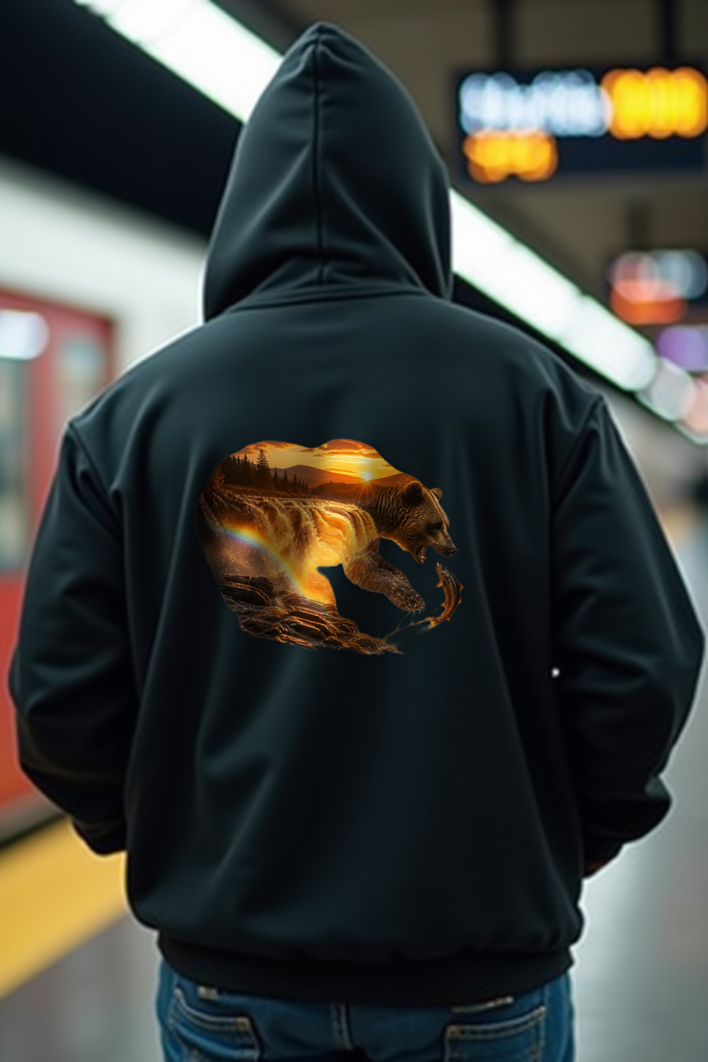 Bear Waterfall hoodie back black mannequin (v2 — diversity refresh)
