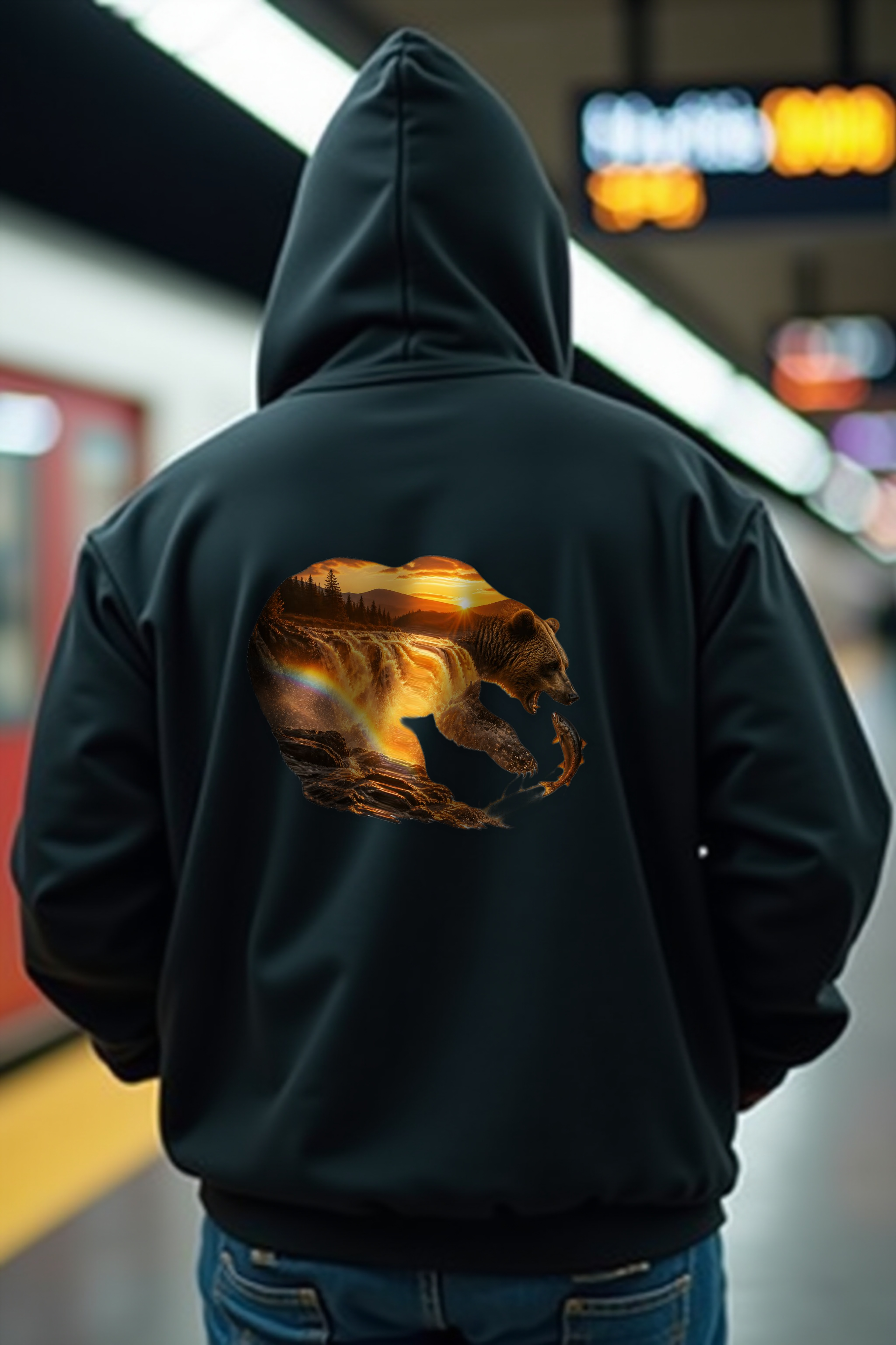 Bear Waterfall hoodie back black mannequin (v2 — diversity refresh)