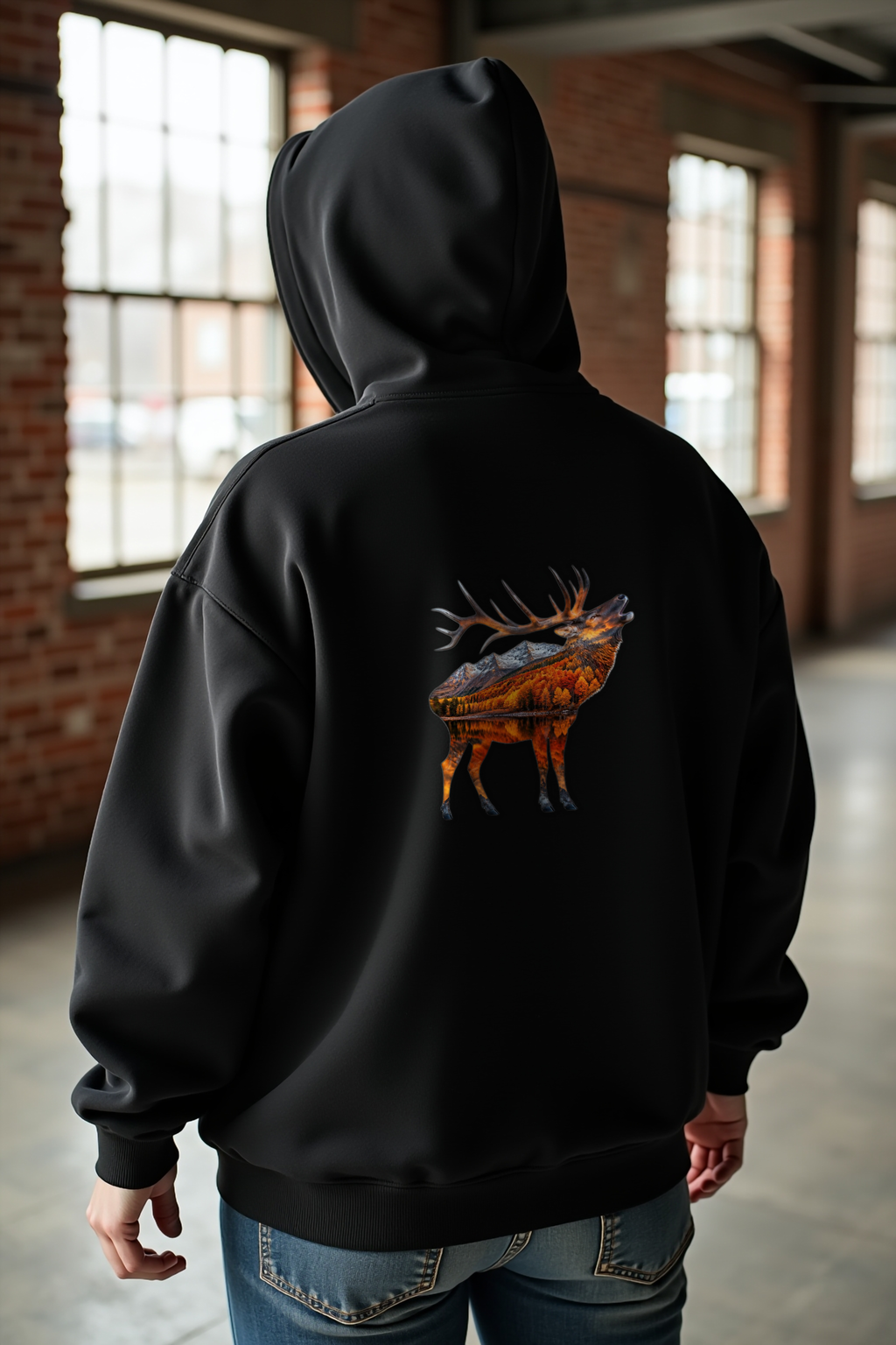 Elk Mountains hoodie back black mannequin (v2 — diversity refresh)