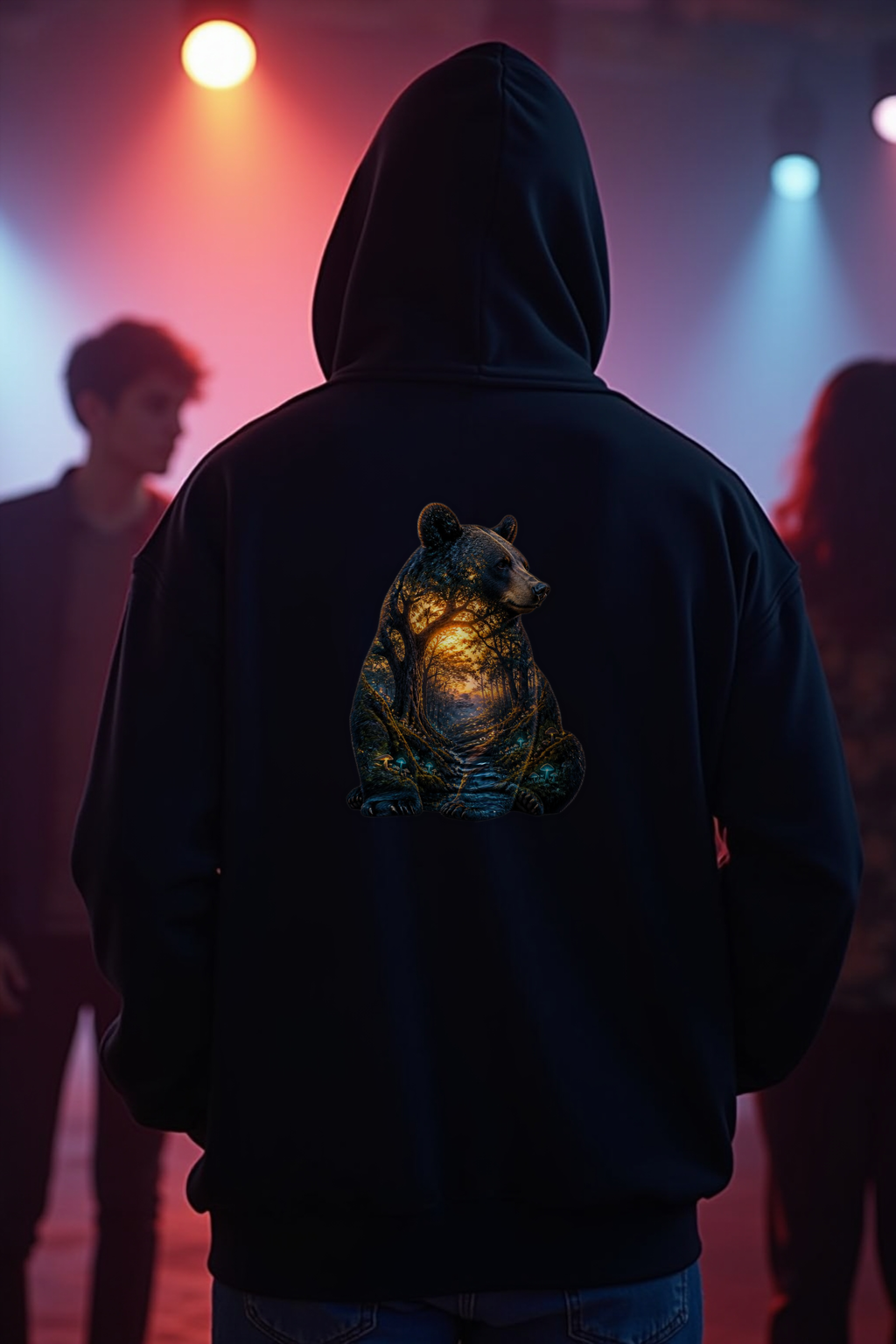 Mushroom Bear hoodie back black mannequin (v2 — diversity refresh)