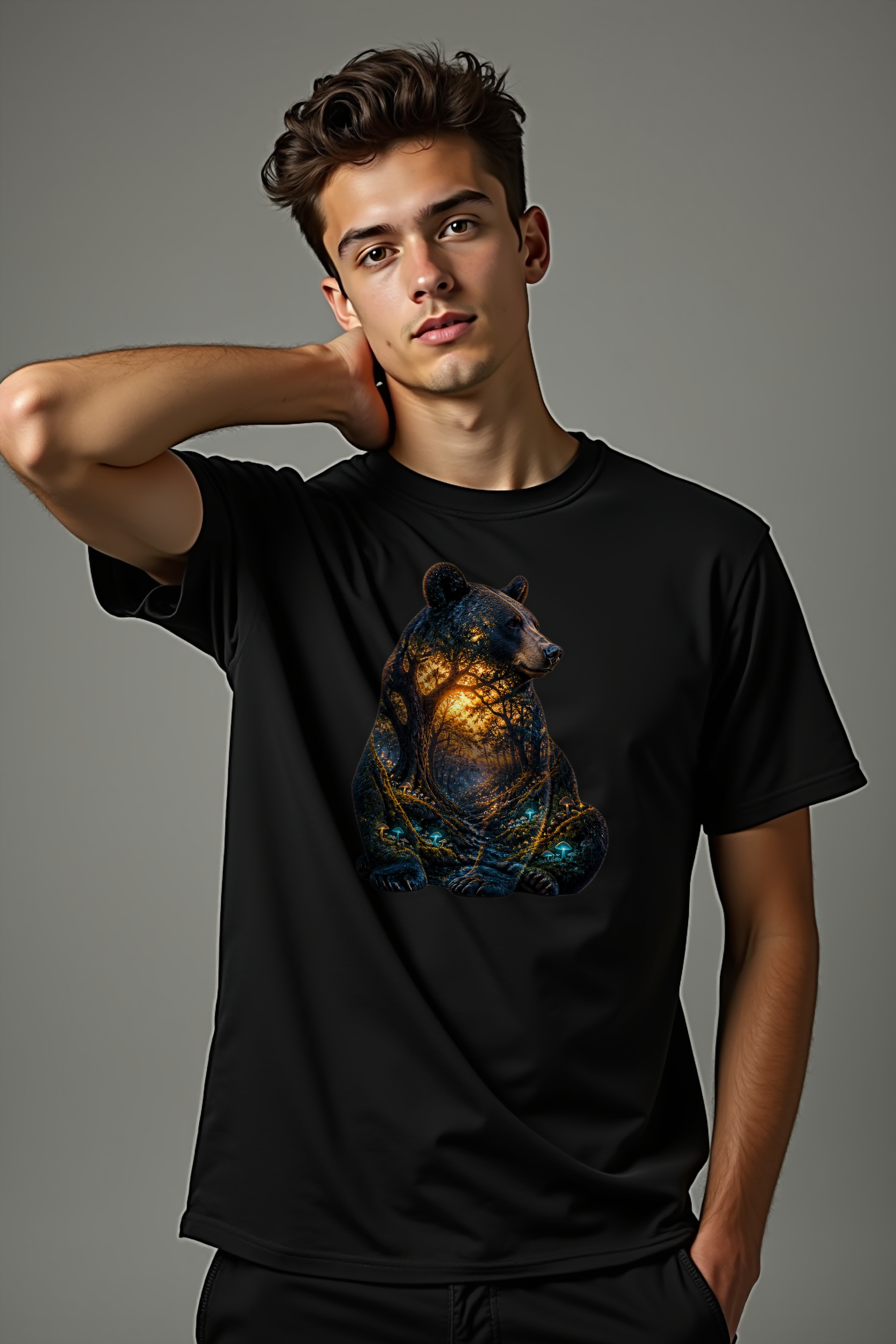 Mushroom Bear tshirt front black mannequin (v2 — diversity refresh)