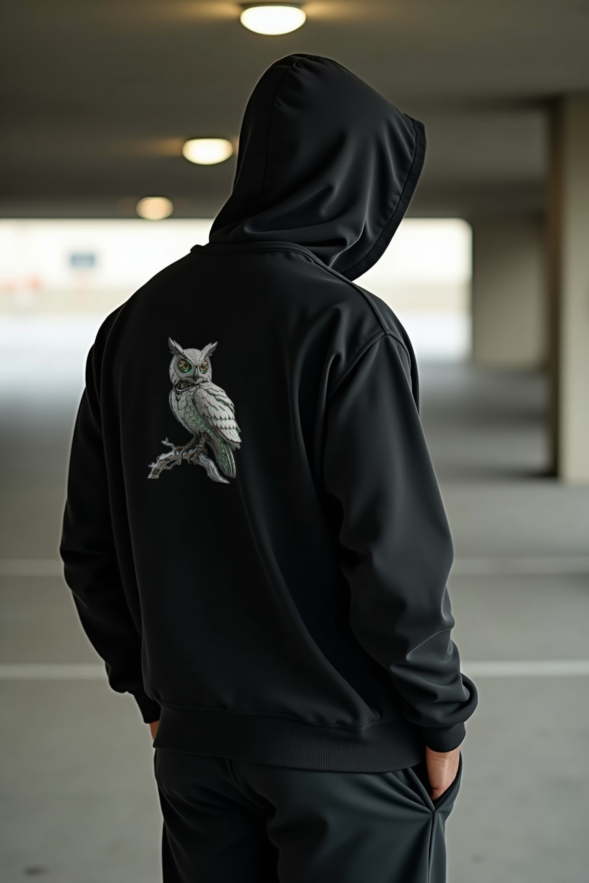 Chrome Owl Hoodie — black mannequin back view (featured)