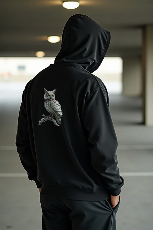 Chrome Owl Hoodie — black mannequin back view (featured)