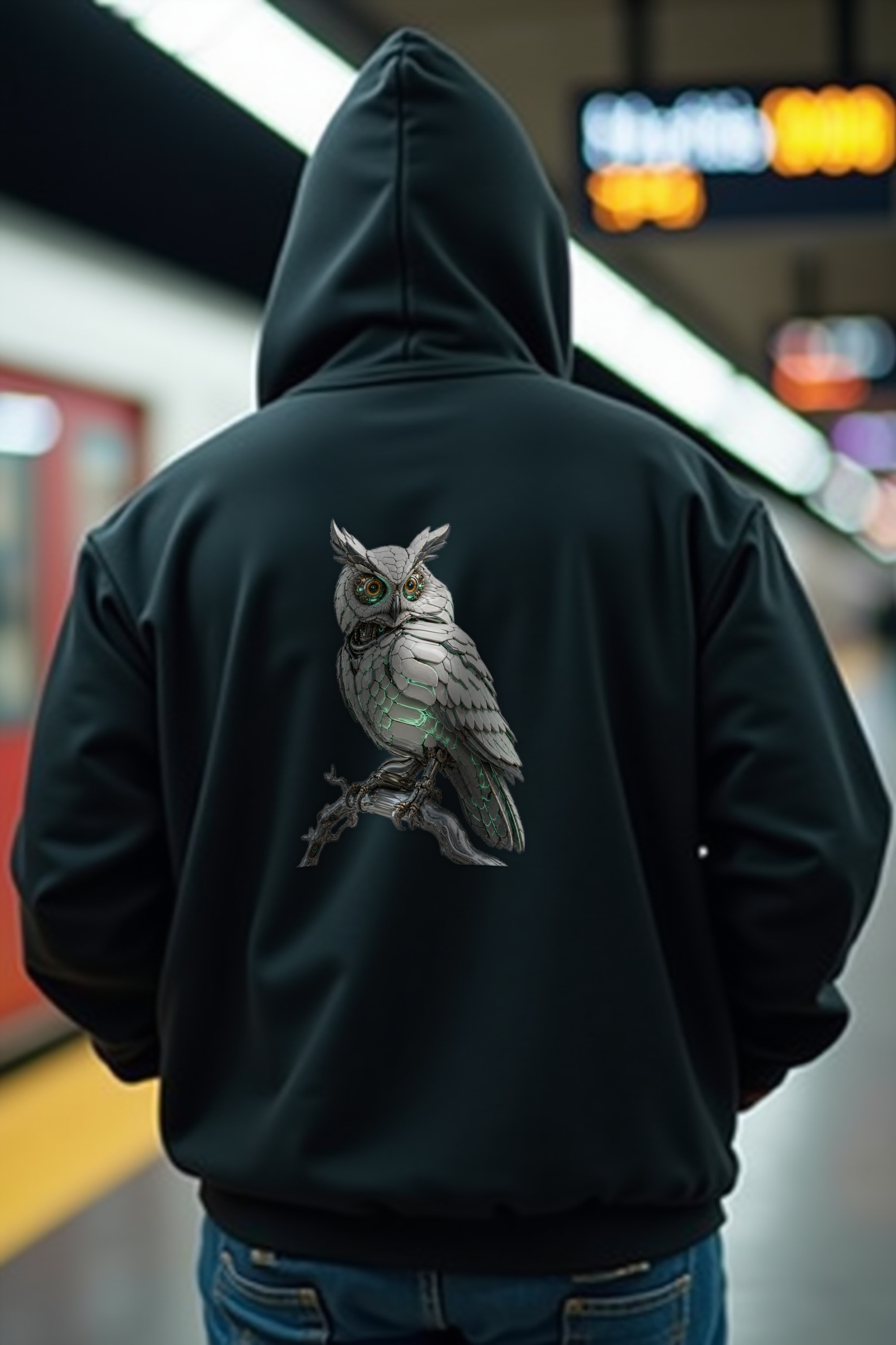 Chrome Owl Hoodie — black mannequin back view 2