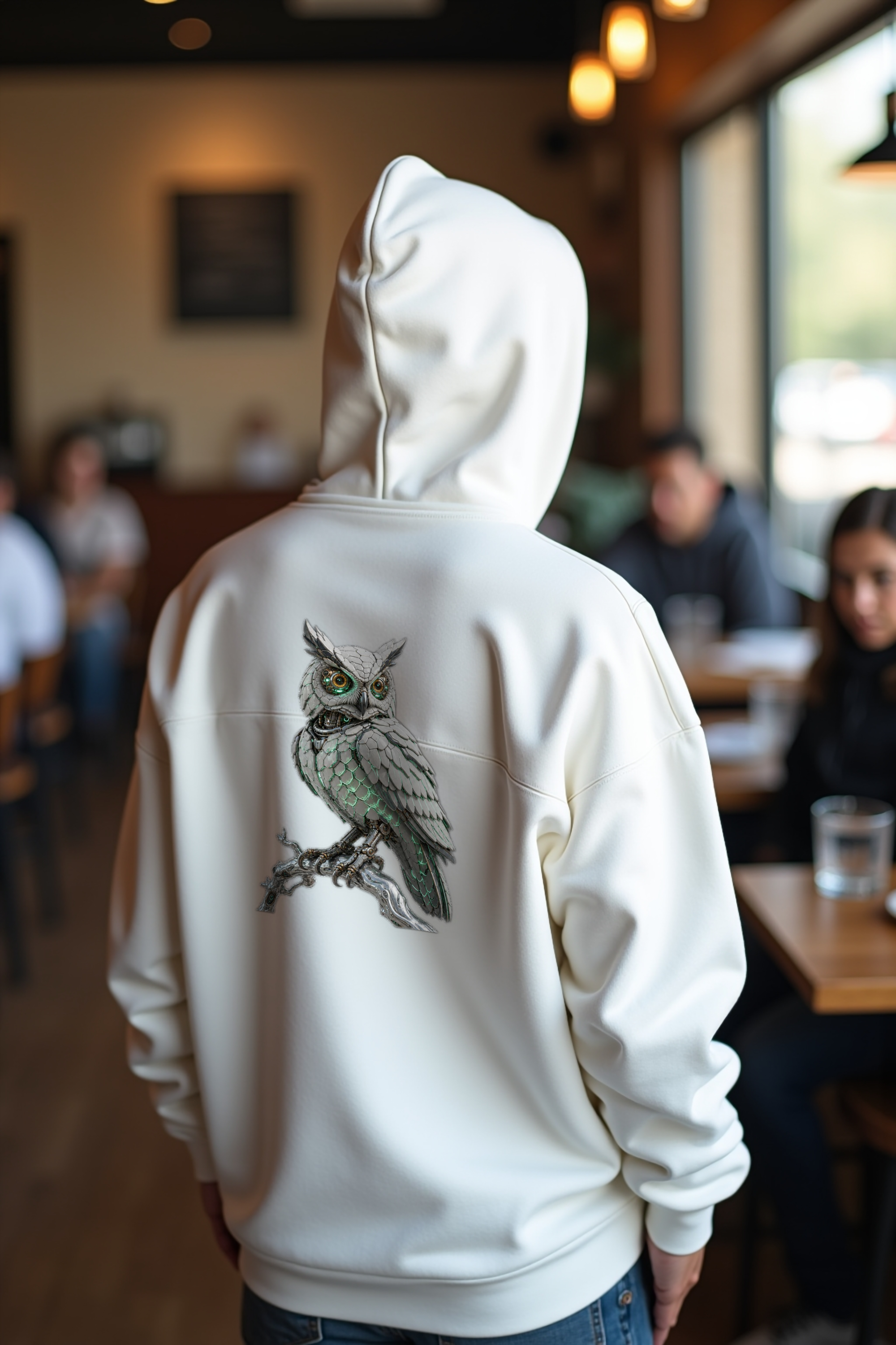 Chrome Owl Hoodie — white mannequin back view 2