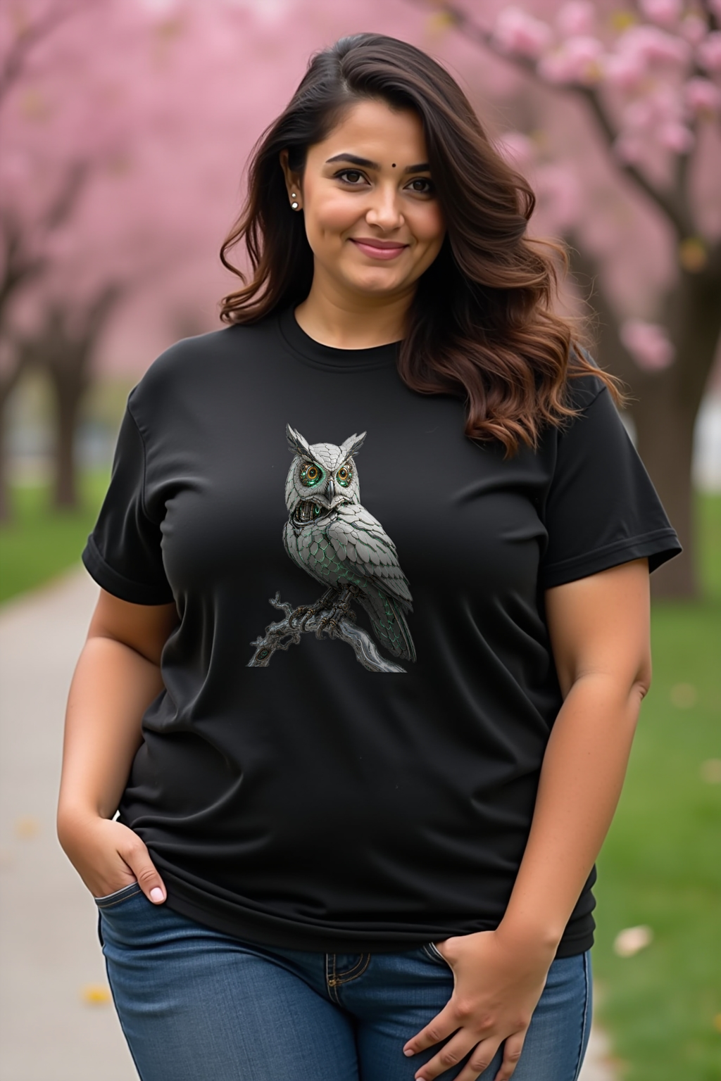 Chrome Owl T-Shirt — black mannequin front view (featured)