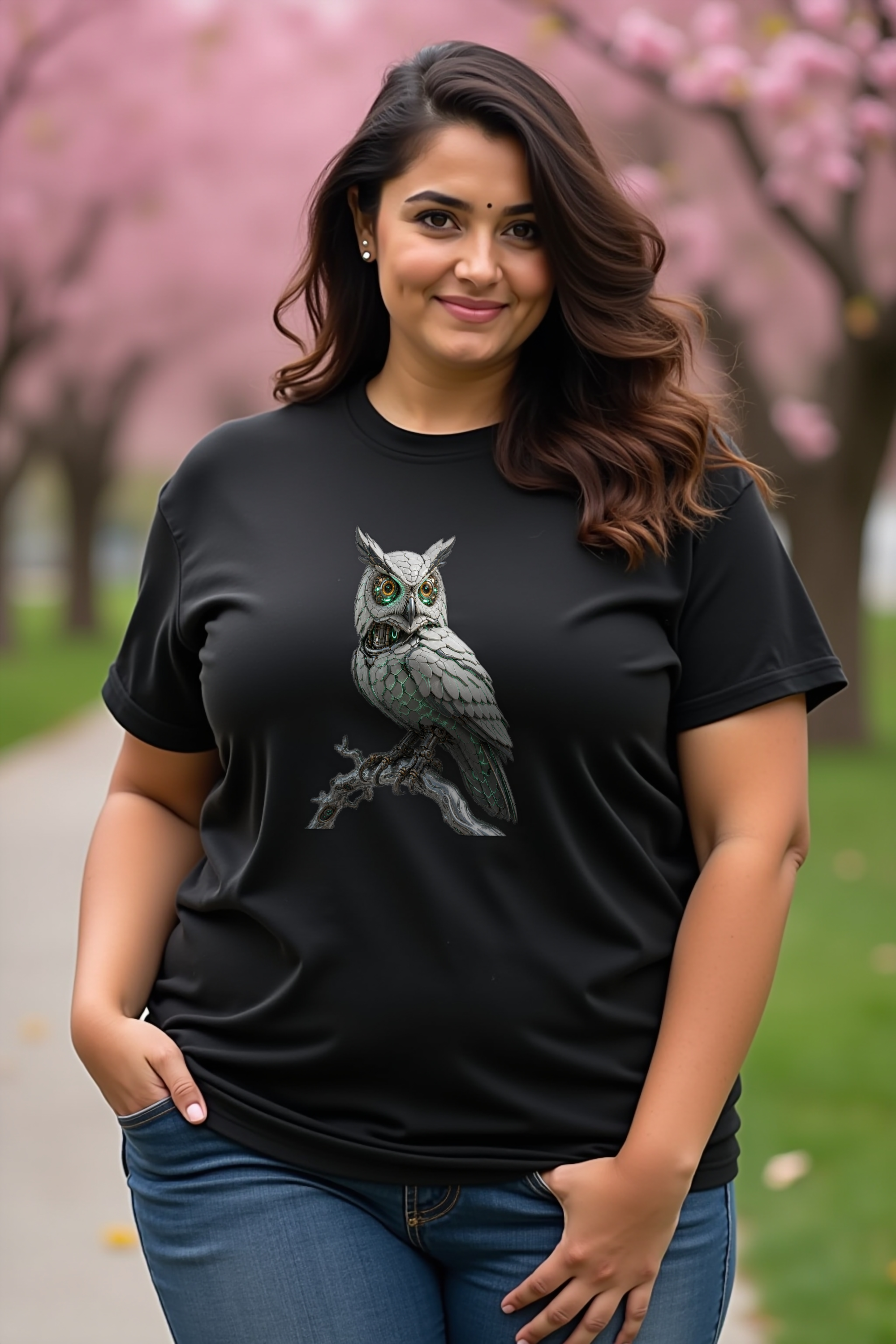 Chrome Owl T-Shirt — black mannequin front view (featured)