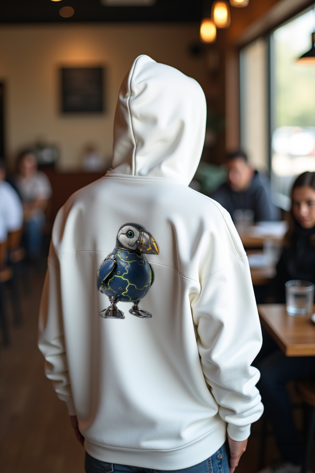 Cyber Puffin Hoodie — white mannequin back