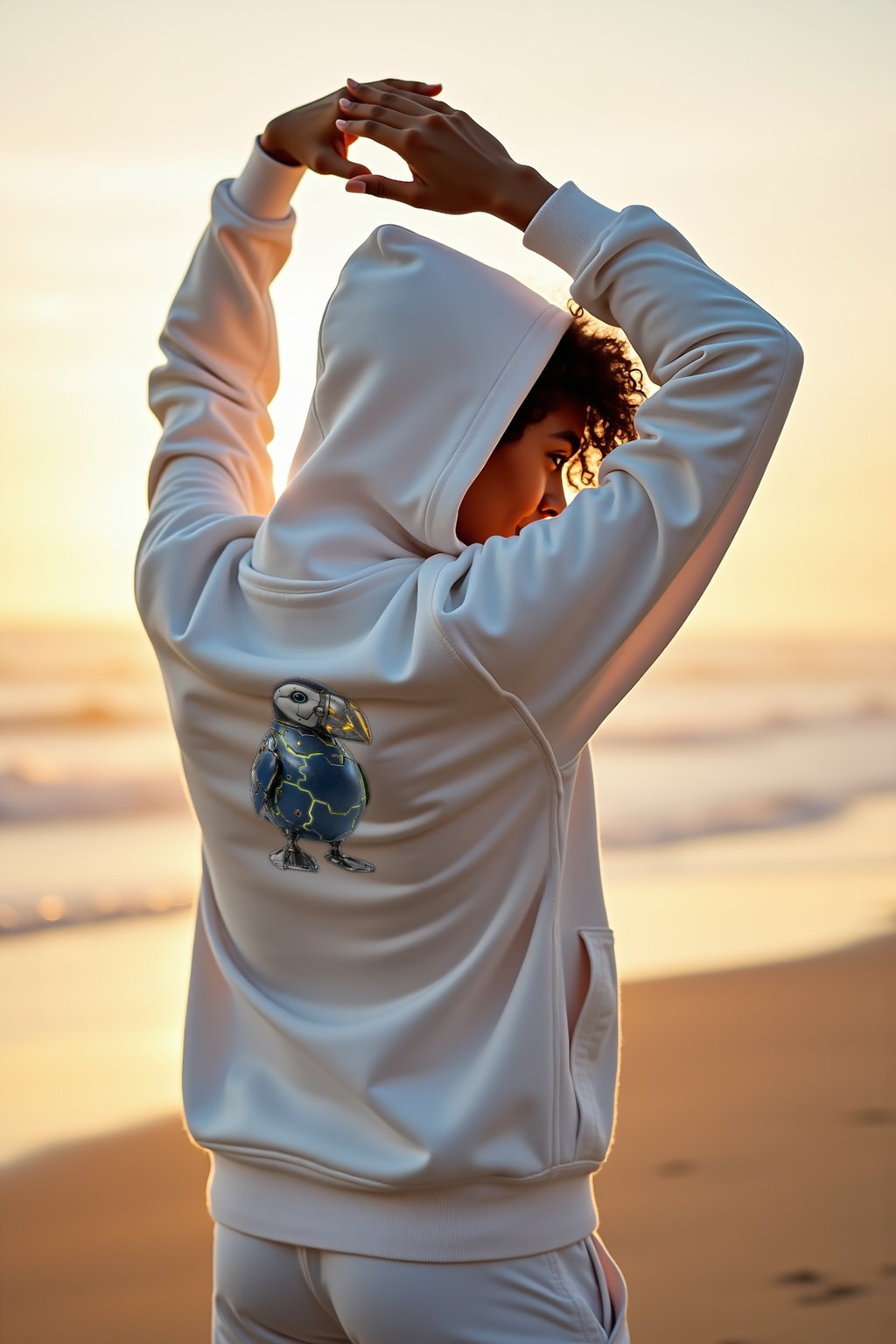 Cyber Puffin Hoodie — white mannequin back arms up