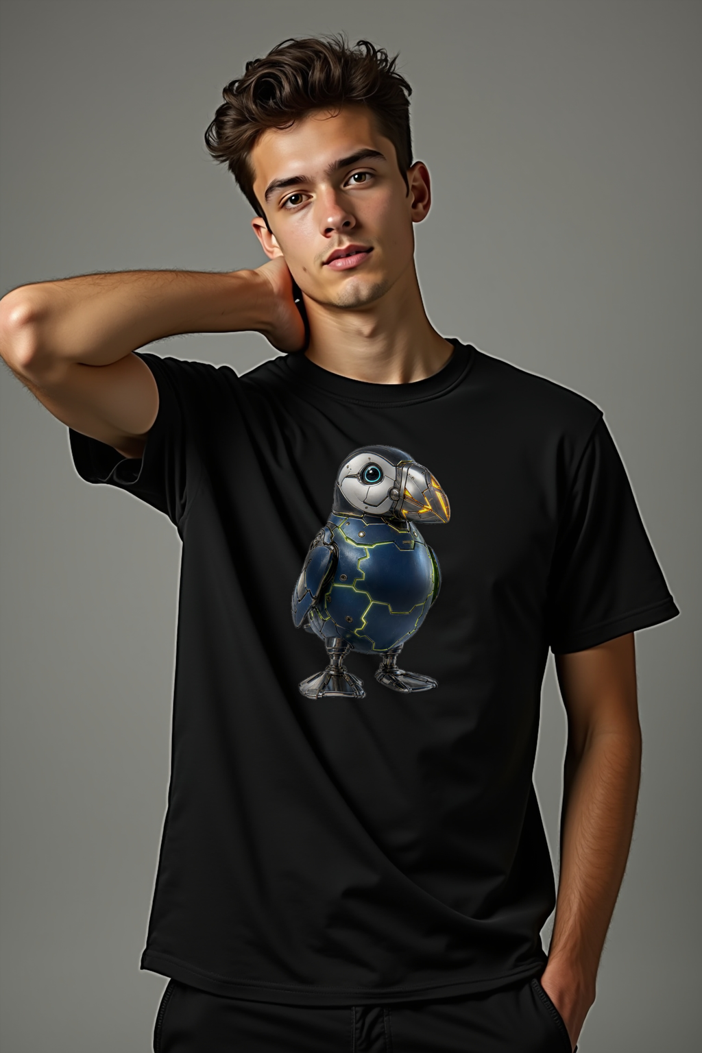 Cyber Puffin T-Shirt — black mannequin front