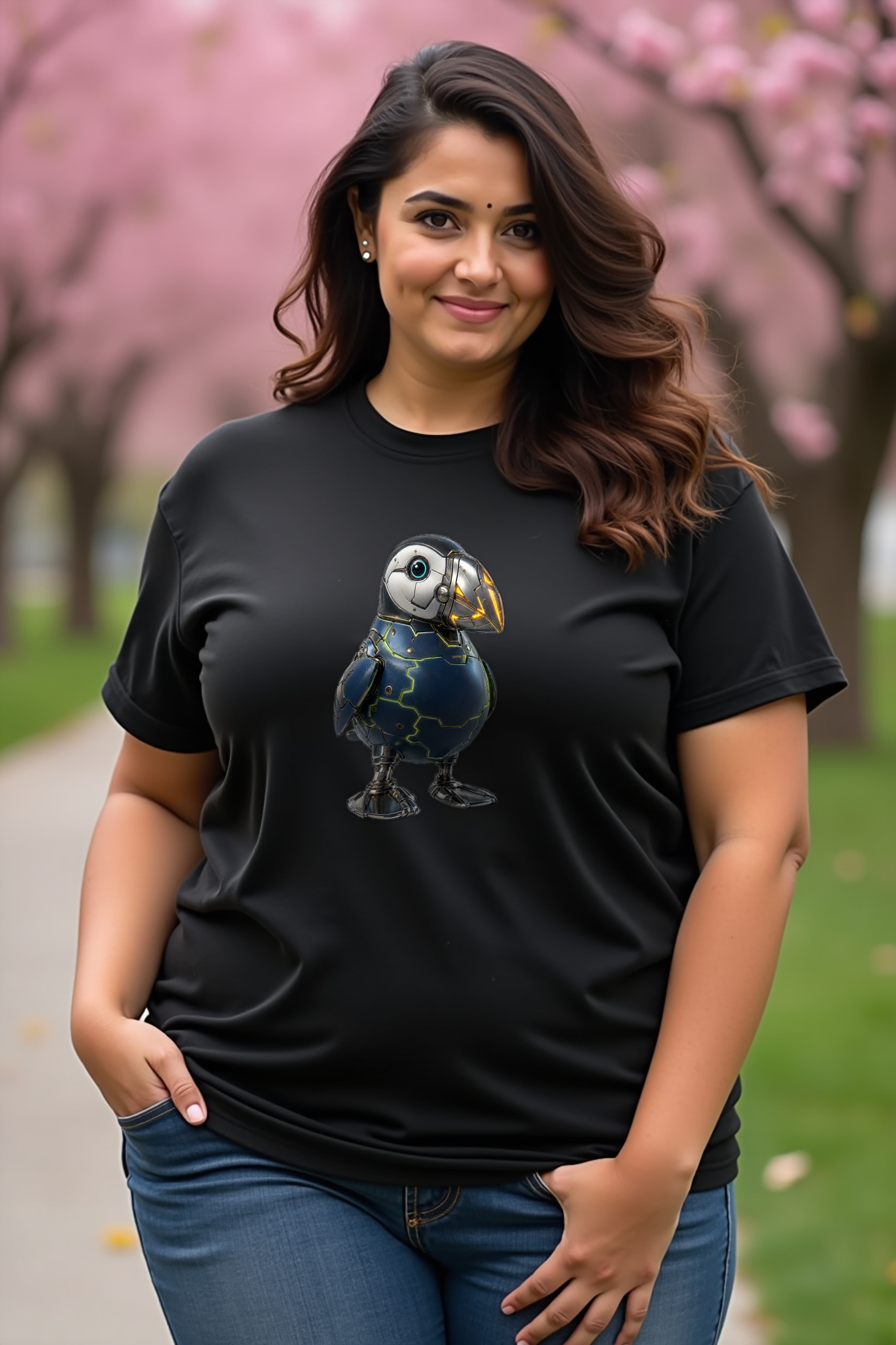 Cyber Puffin T-Shirt — black mannequin front-left 45 contrapposto