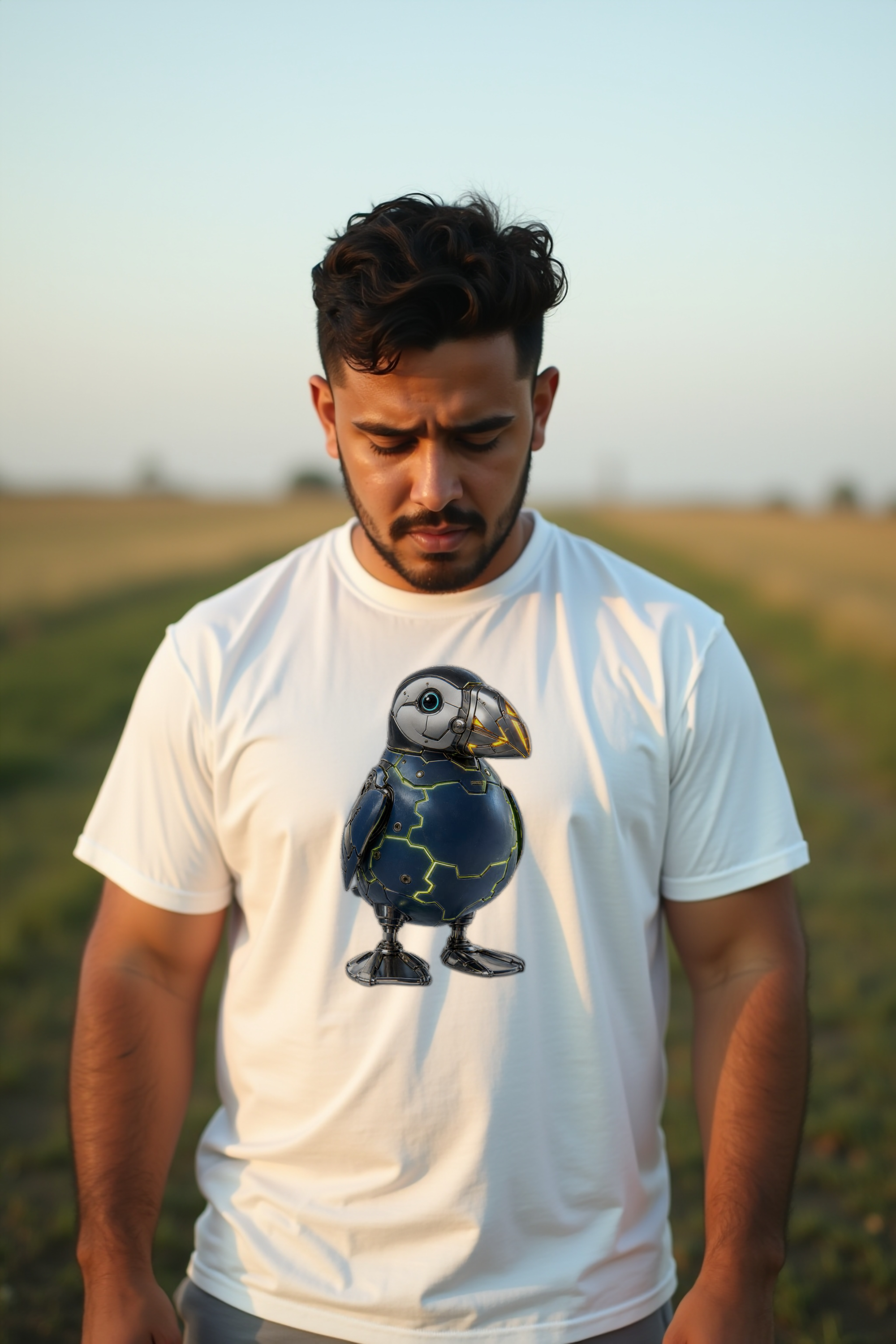 Cyber Puffin T-Shirt — white mannequin front looking down