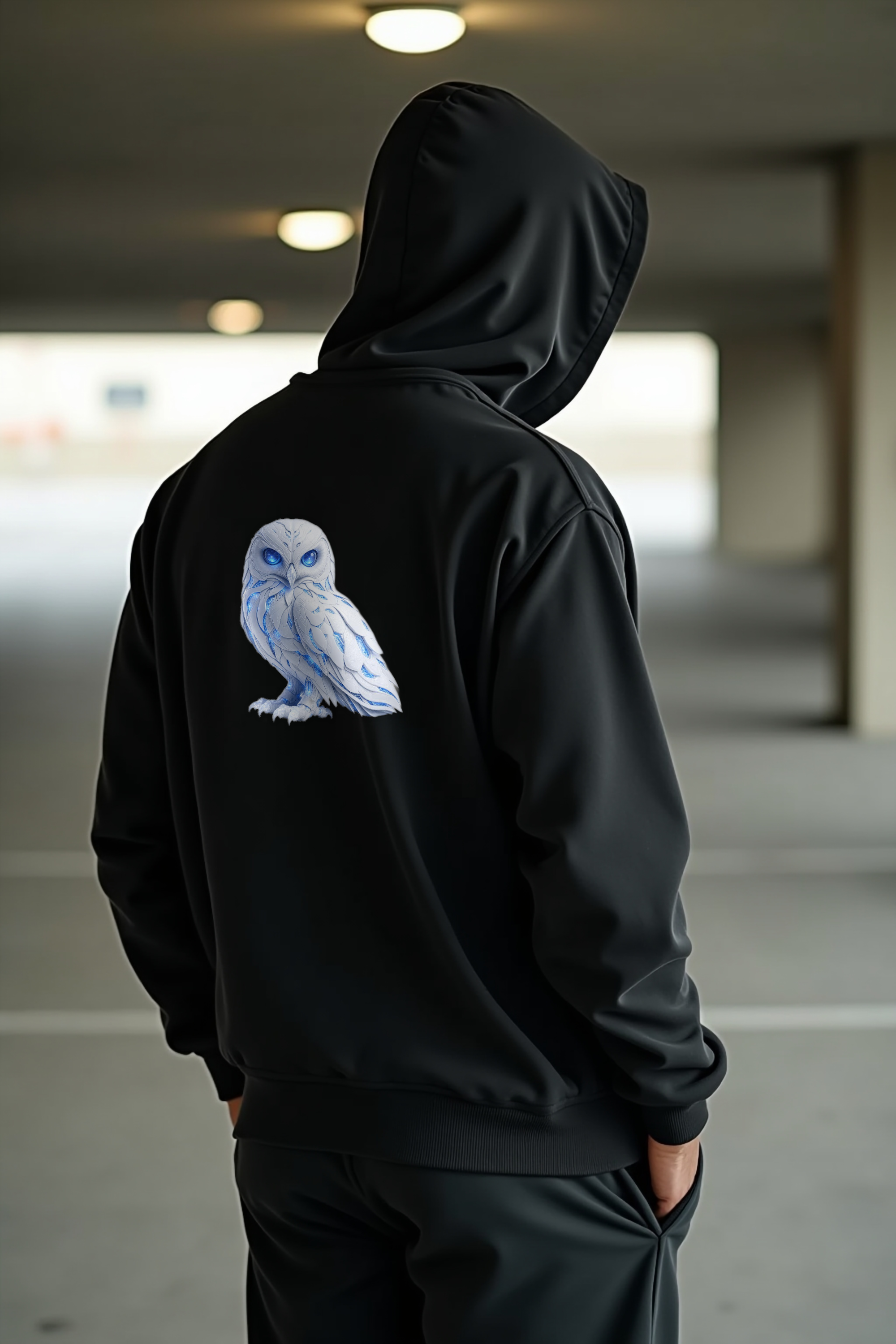 Frost Owl Hoodie — black mannequin back-right 45