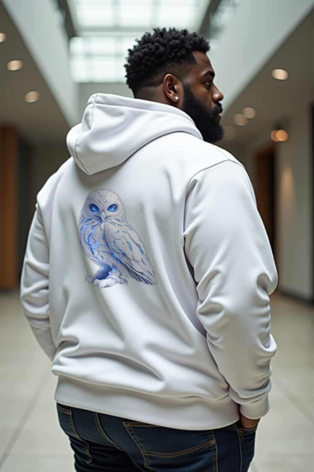 Frost Owl Hoodie — white mannequin back-left 45