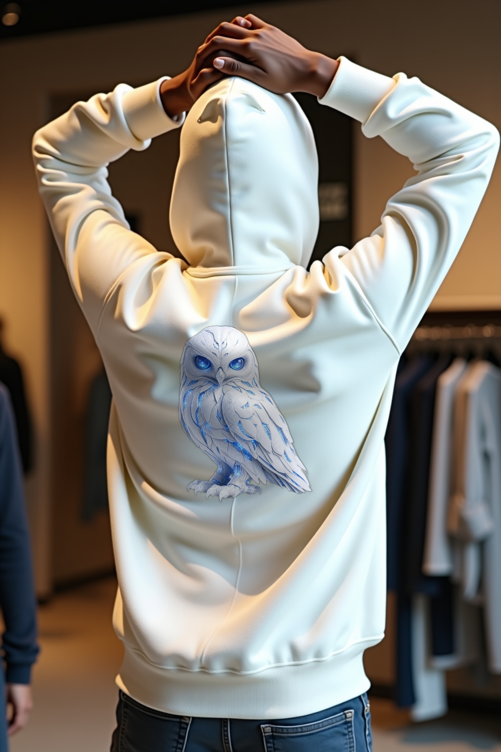 Frost Owl Hoodie — white mannequin back-left 45 arms up