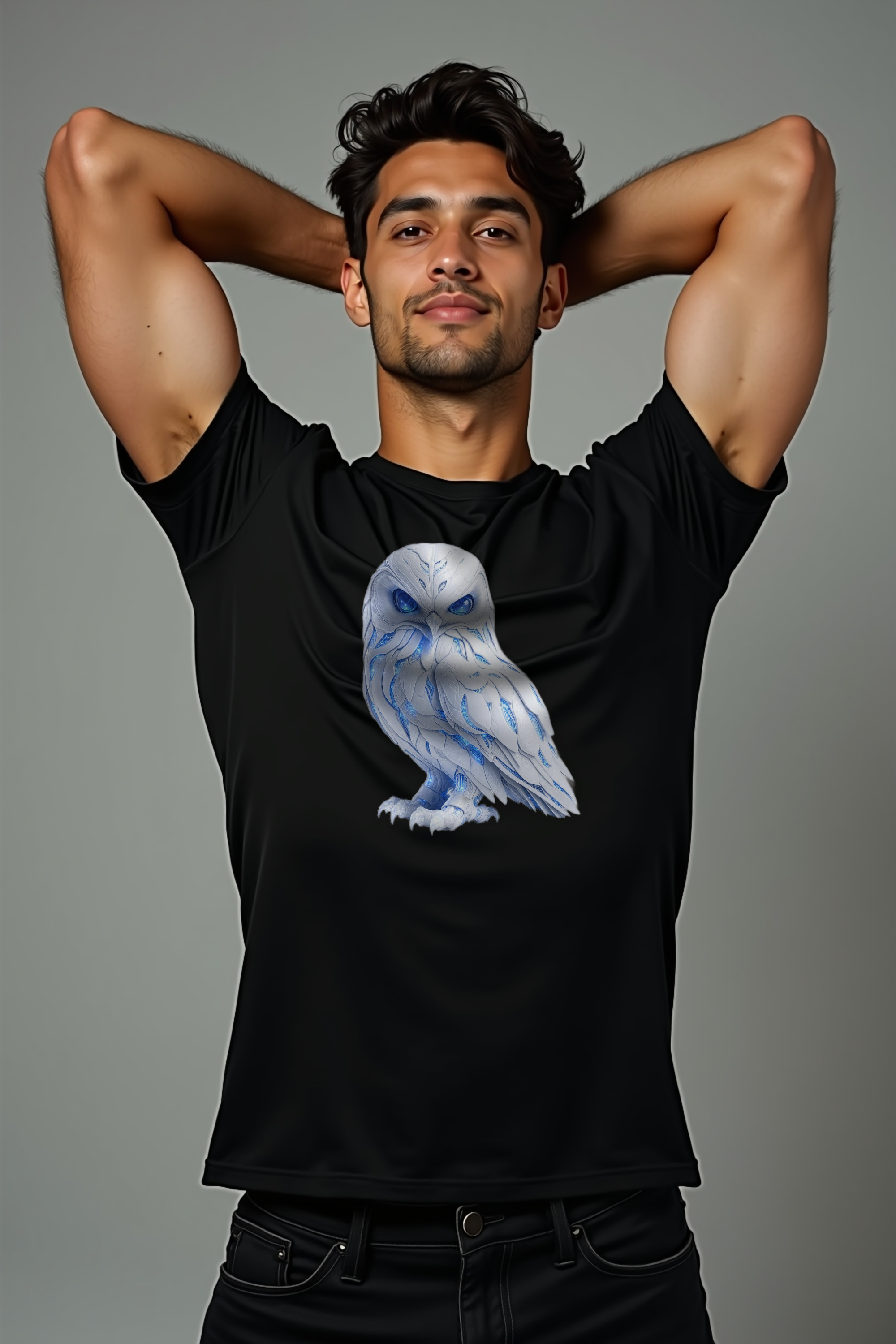 Frost Owl T-Shirt — black mannequin front-right 45 arms up