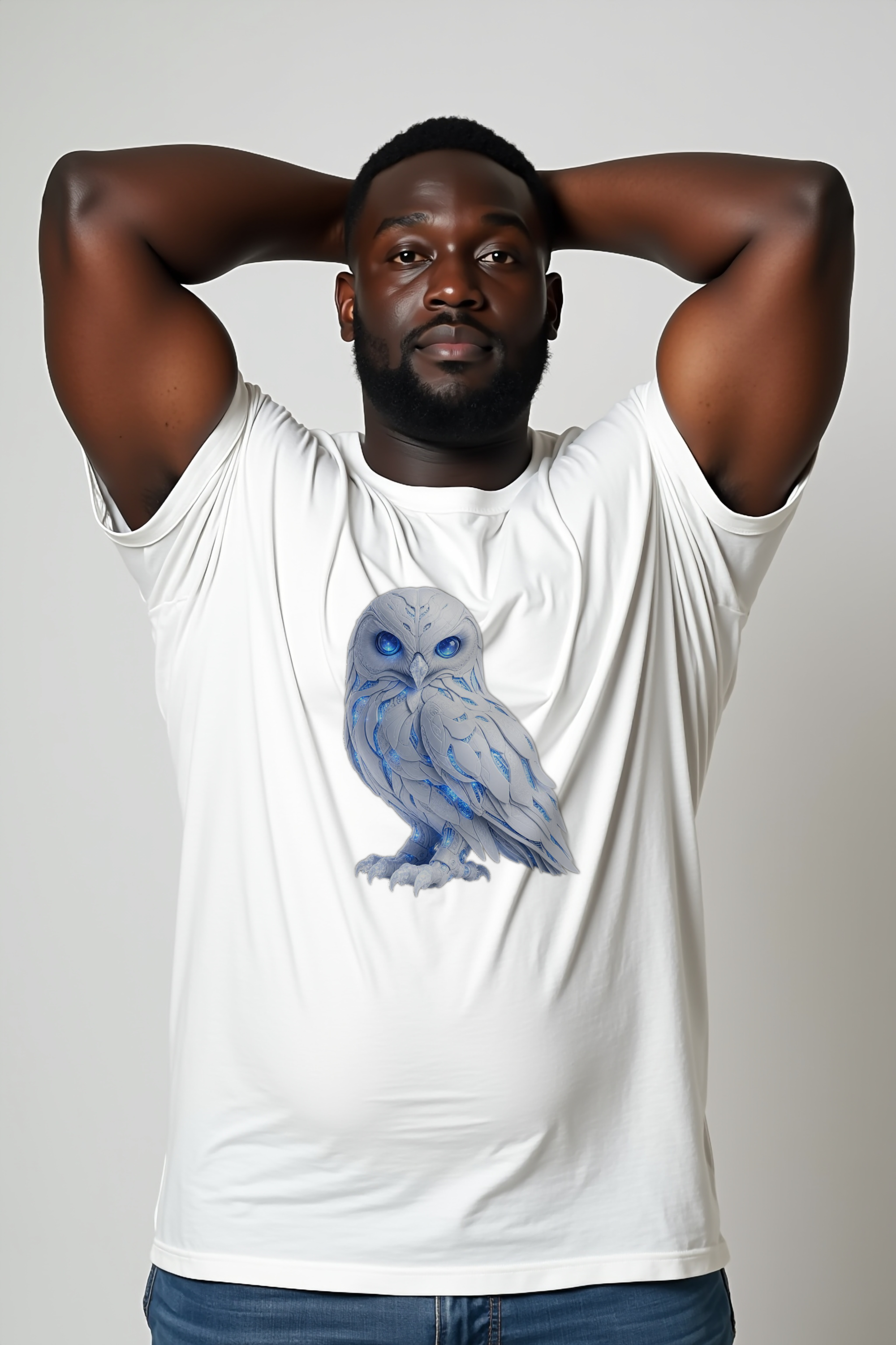 Frost Owl T-Shirt — white mannequin front arms up
