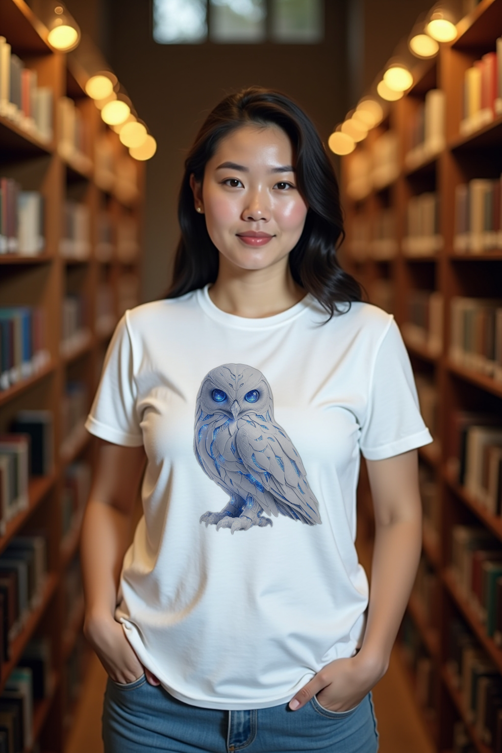 Frost Owl T-Shirt — white mannequin front thumbs in pockets