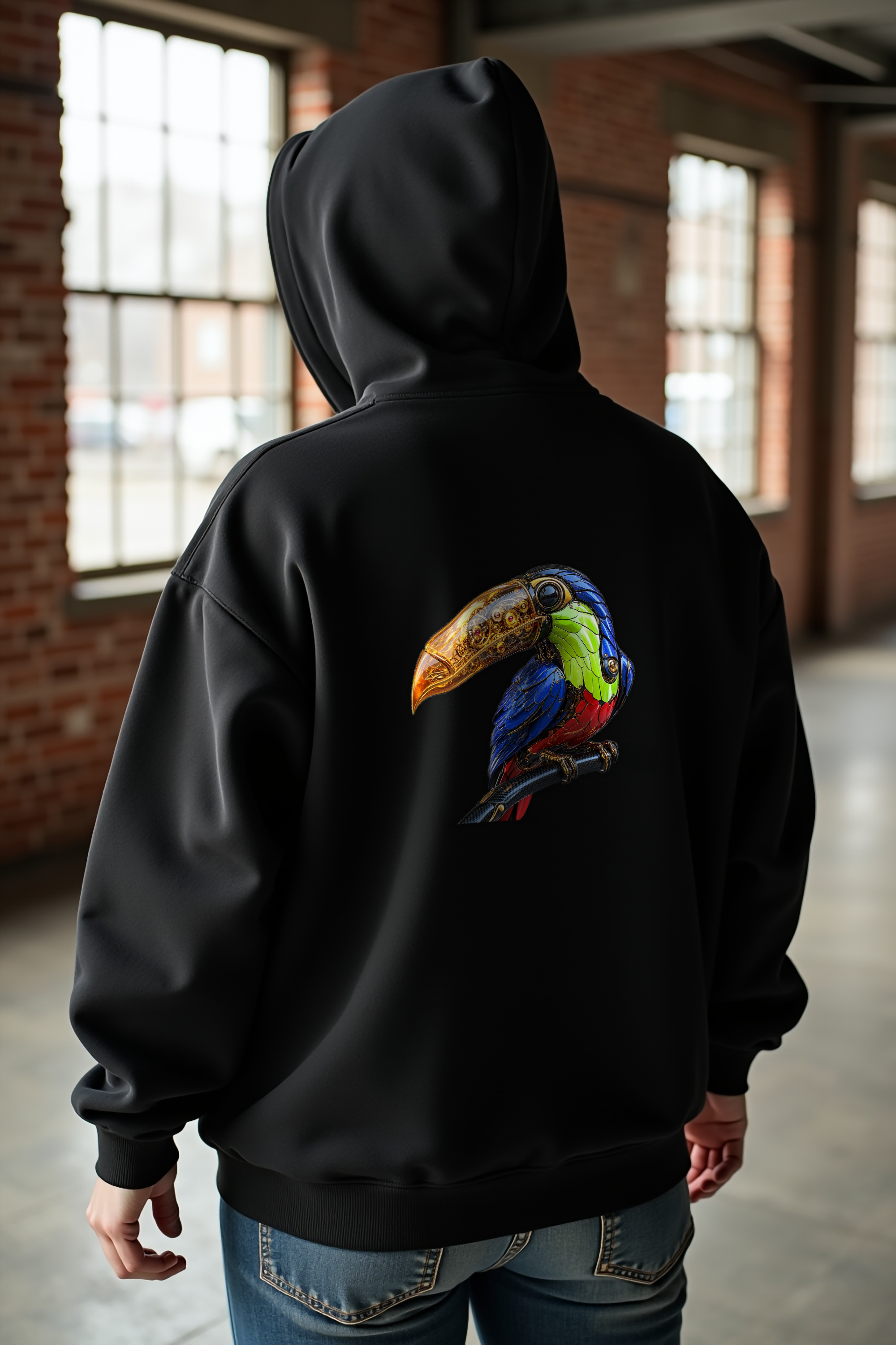 Gilded Toucan Hoodie — black mannequin back view (featured)