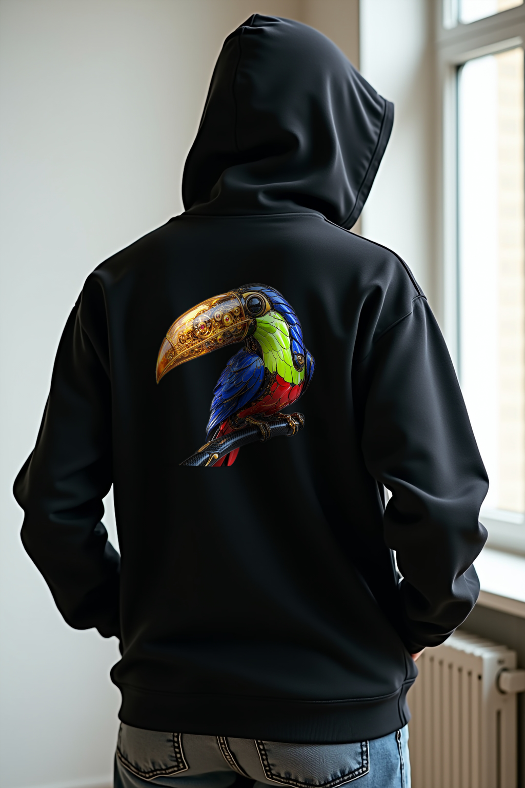 Gilded Toucan Hoodie — black mannequin back view 2