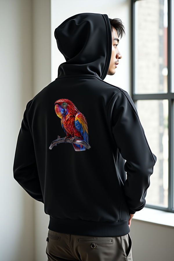 Pixel Macaw Hoodie — black mannequin back view (featured)