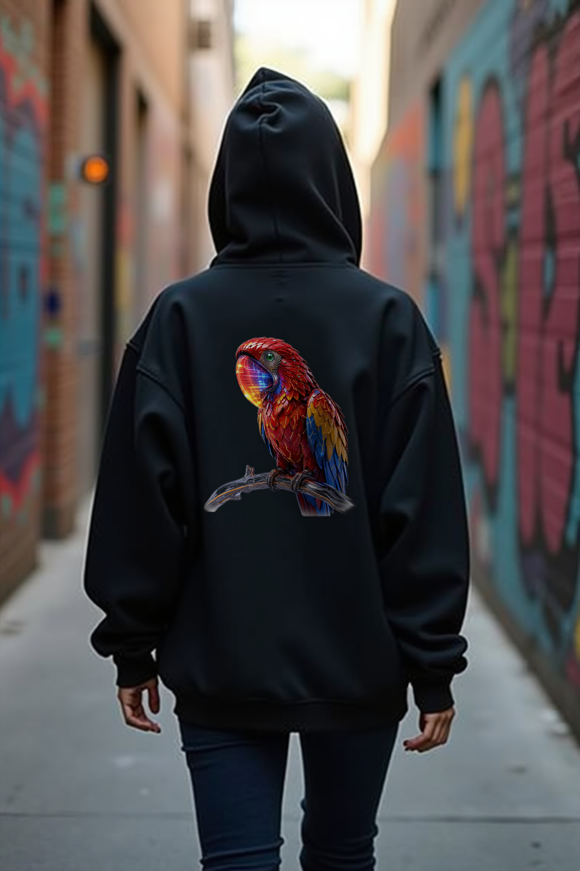 Pixel Macaw Hoodie — black mannequin back view 2