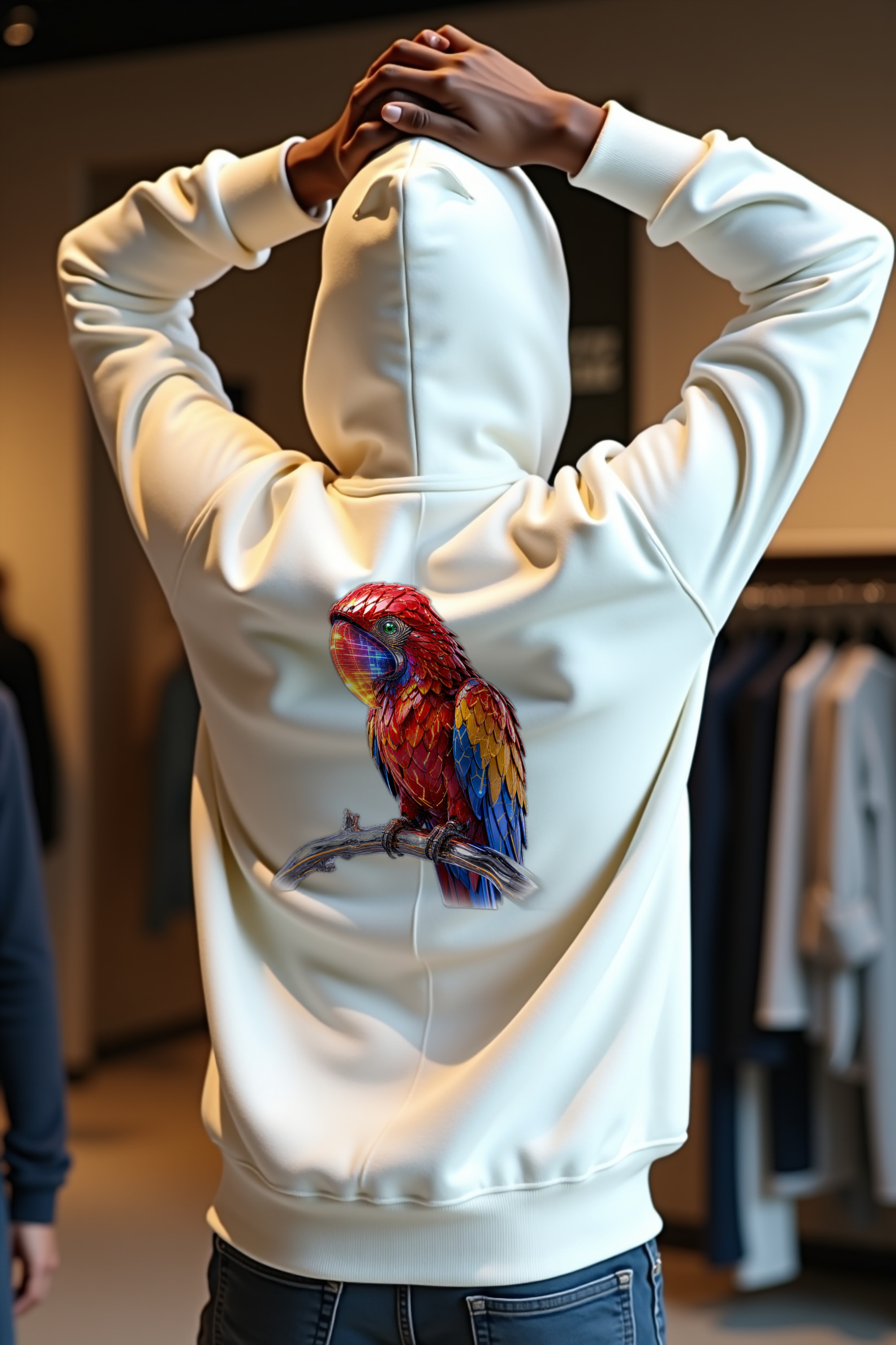 Pixel Macaw Hoodie — white mannequin back view