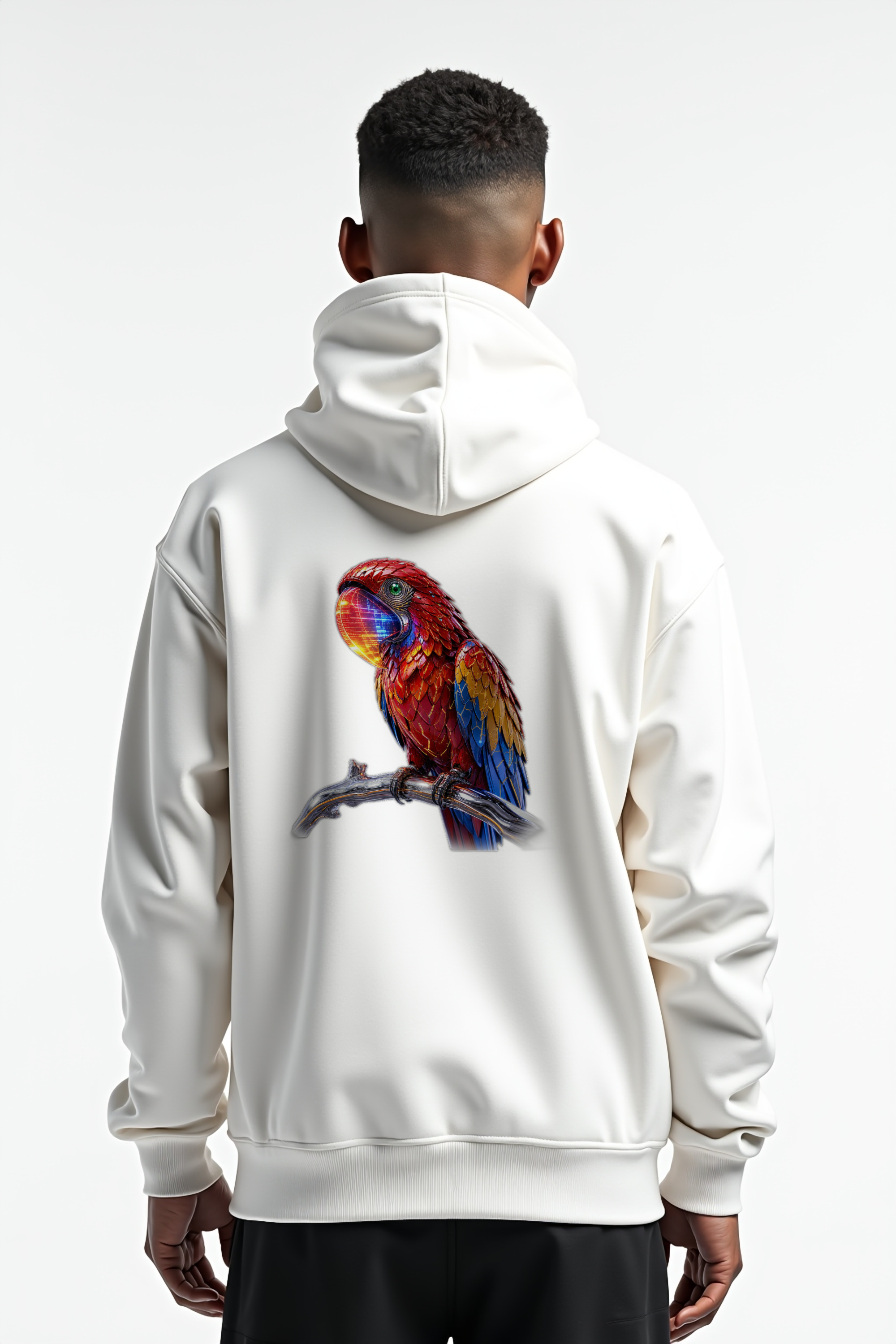 Pixel Macaw Hoodie — white mannequin back view 2