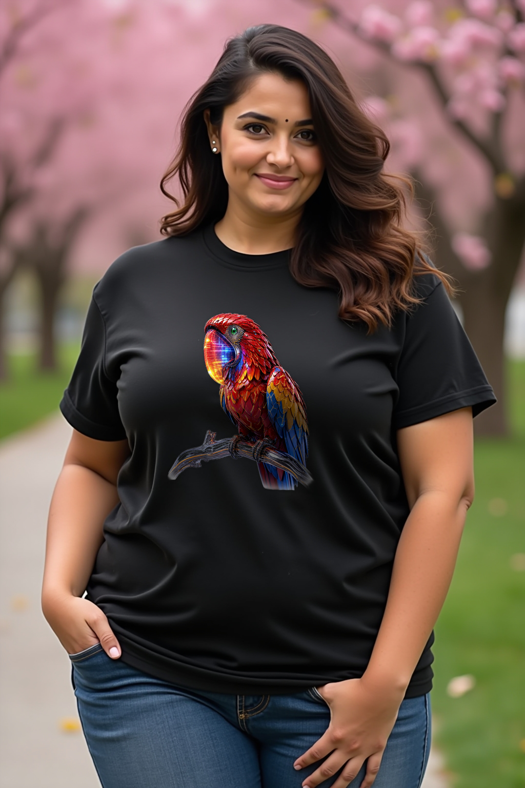 Pixel Macaw T-Shirt — black mannequin front view (featured)