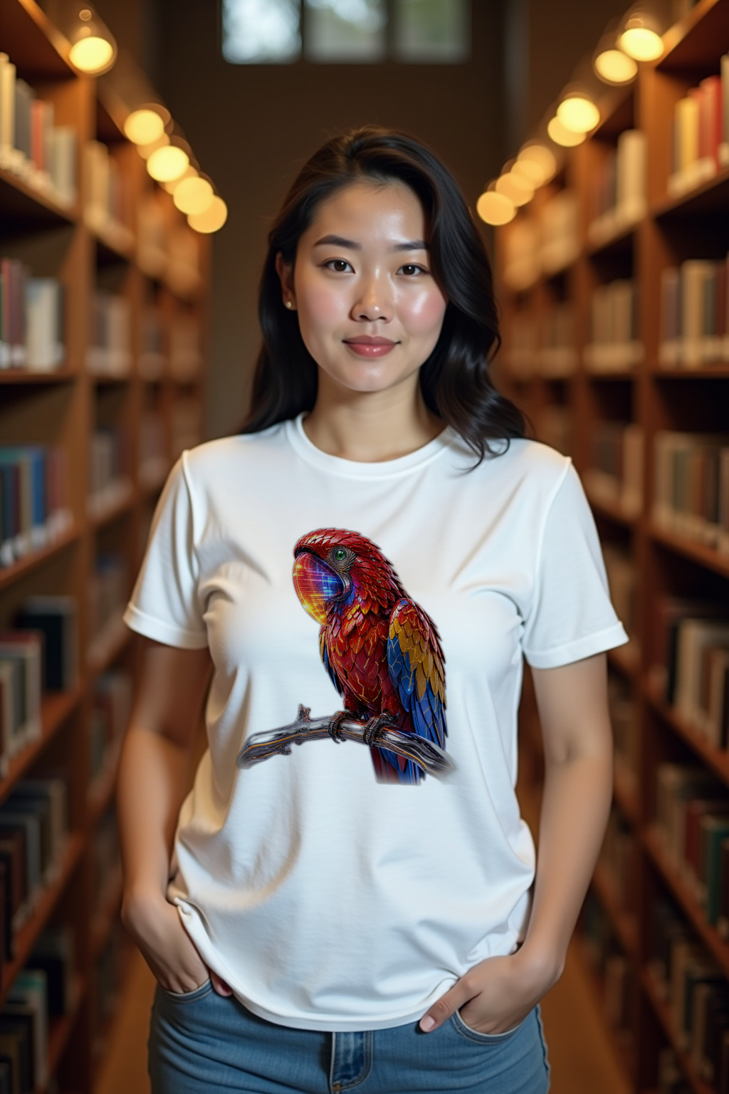 Pixel Macaw T-Shirt — white mannequin front view