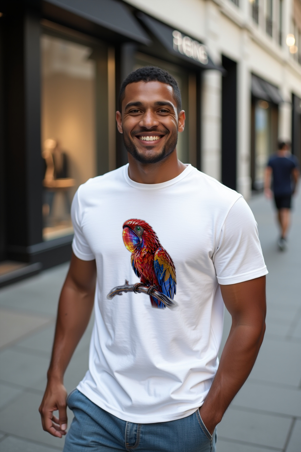 Pixel Macaw T-Shirt — white mannequin front view 2