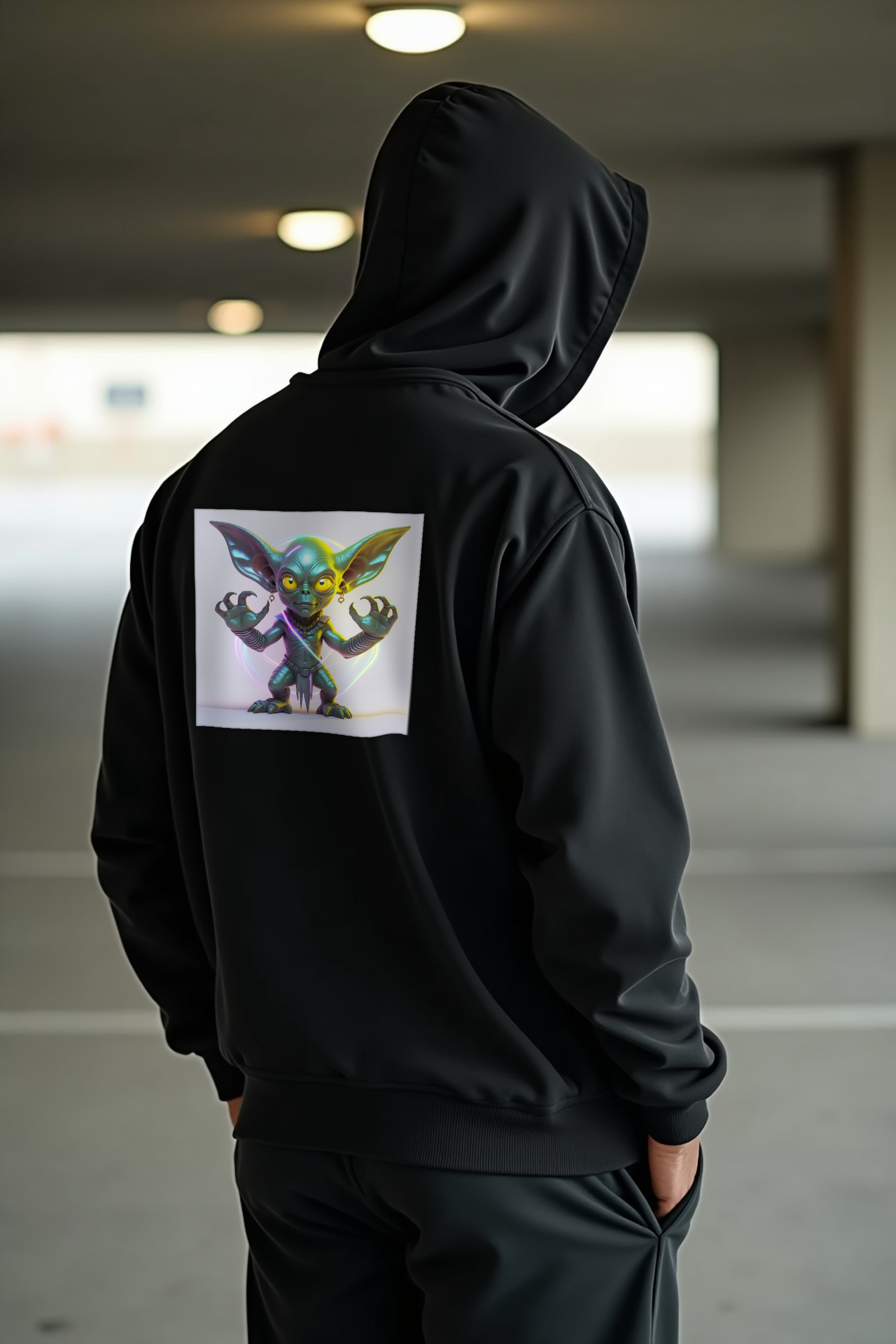Hopkinsville Goblin hoodie black mannequin back-right