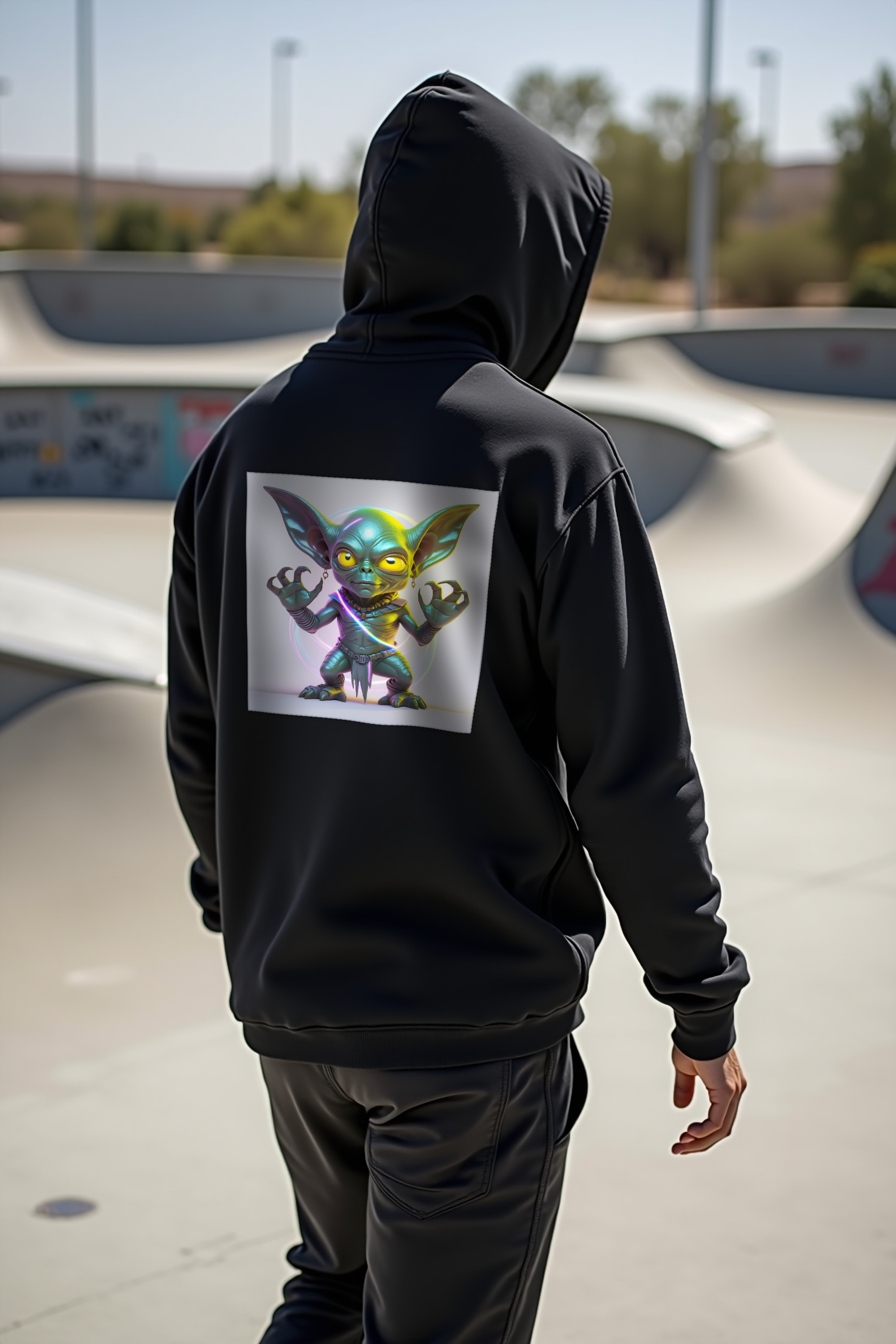 Hopkinsville Goblin hoodie black mannequin back