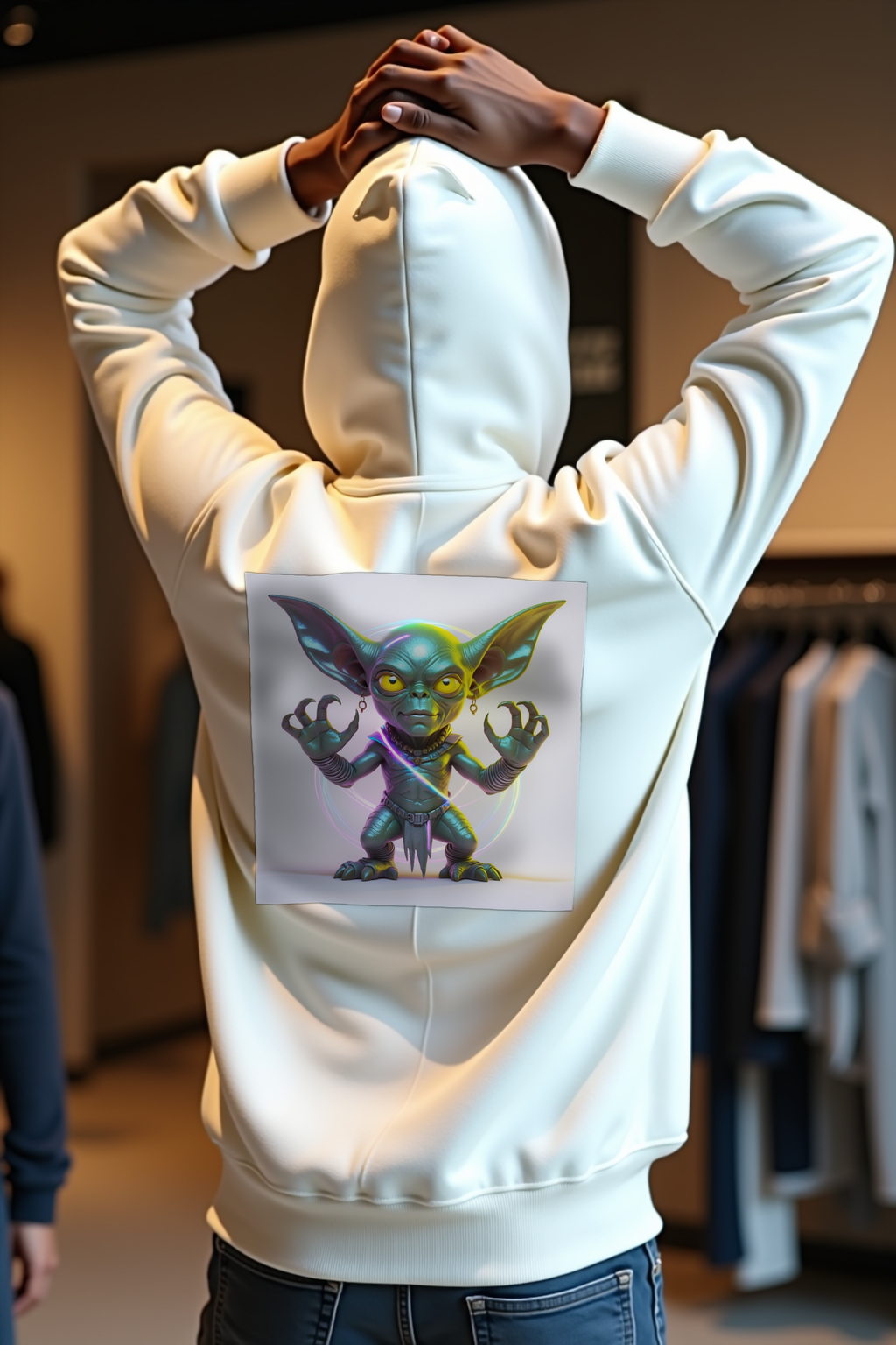 Hopkinsville Goblin hoodie white mannequin stretching