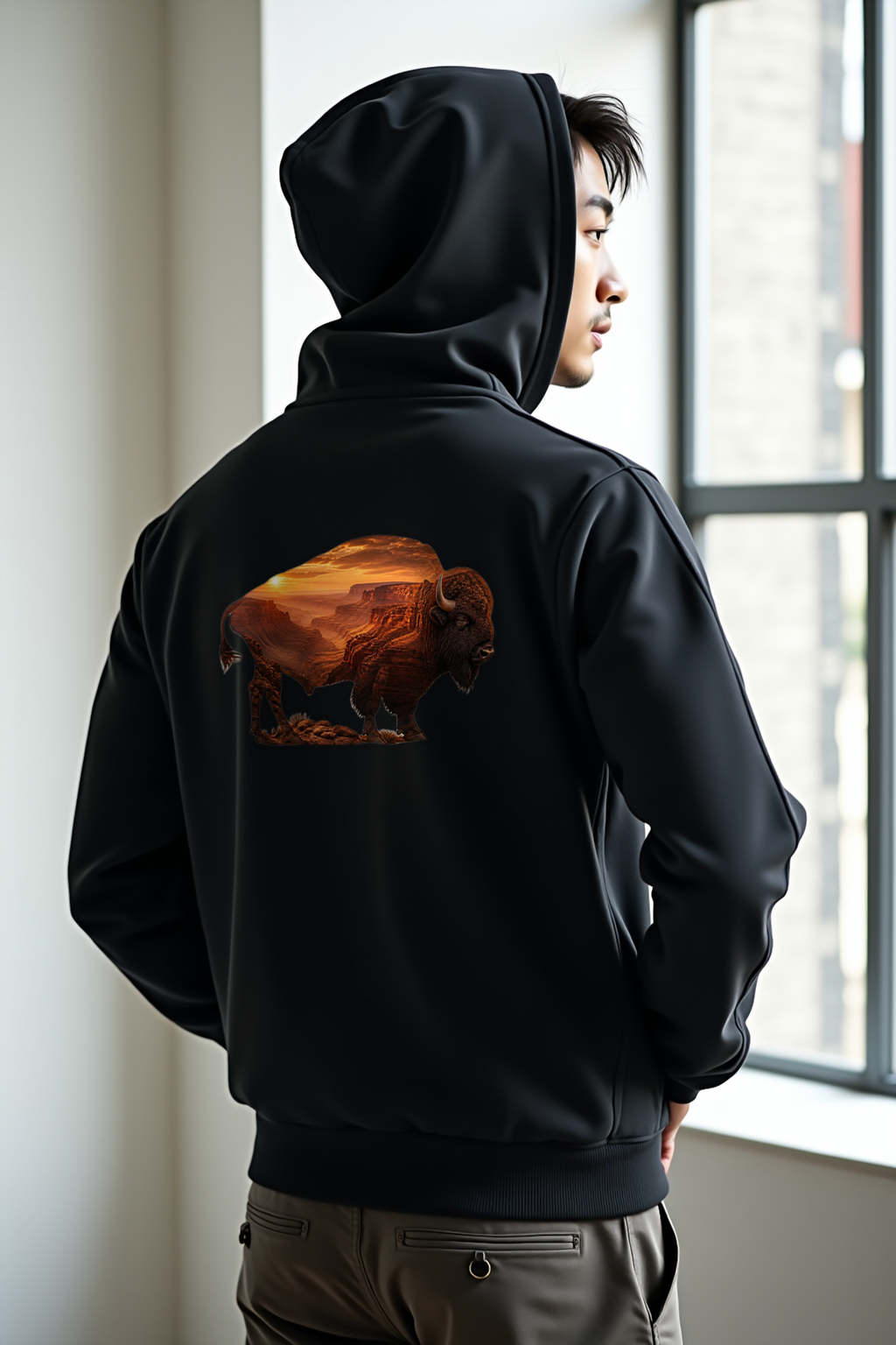 Bison Canyon Hoodie back view on black hoodie mannequin — Cosmic Wildlife Double Exposure